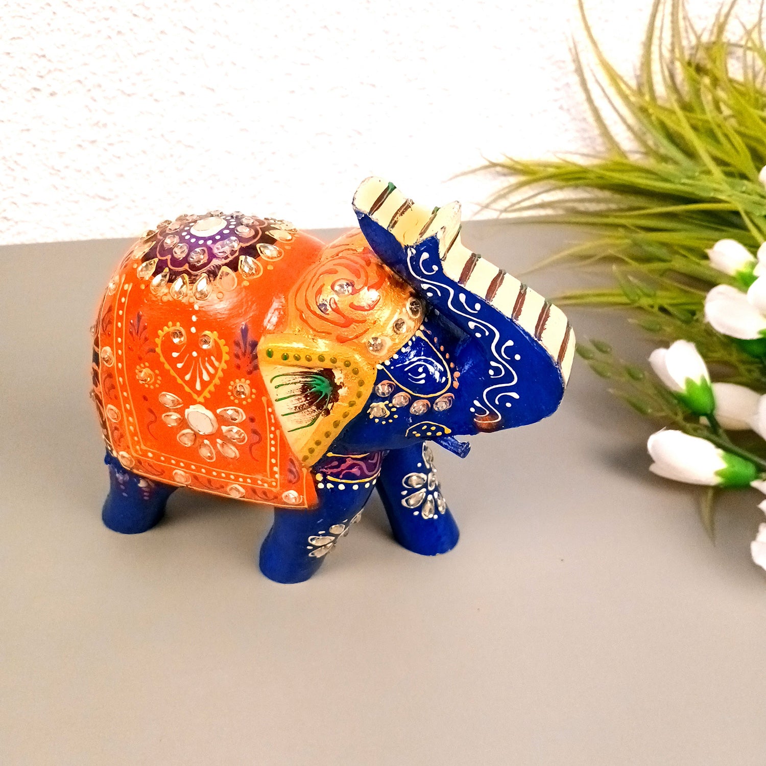 Elephant Statue Showpiece | Fengshui Trunk Up Vibrant Elephant Figurine With Kundan Work - For Vastu, Home Decor, Living Room, Office & Gift - 7 inch (Wood, Green) - Apkamart #Color_Blue