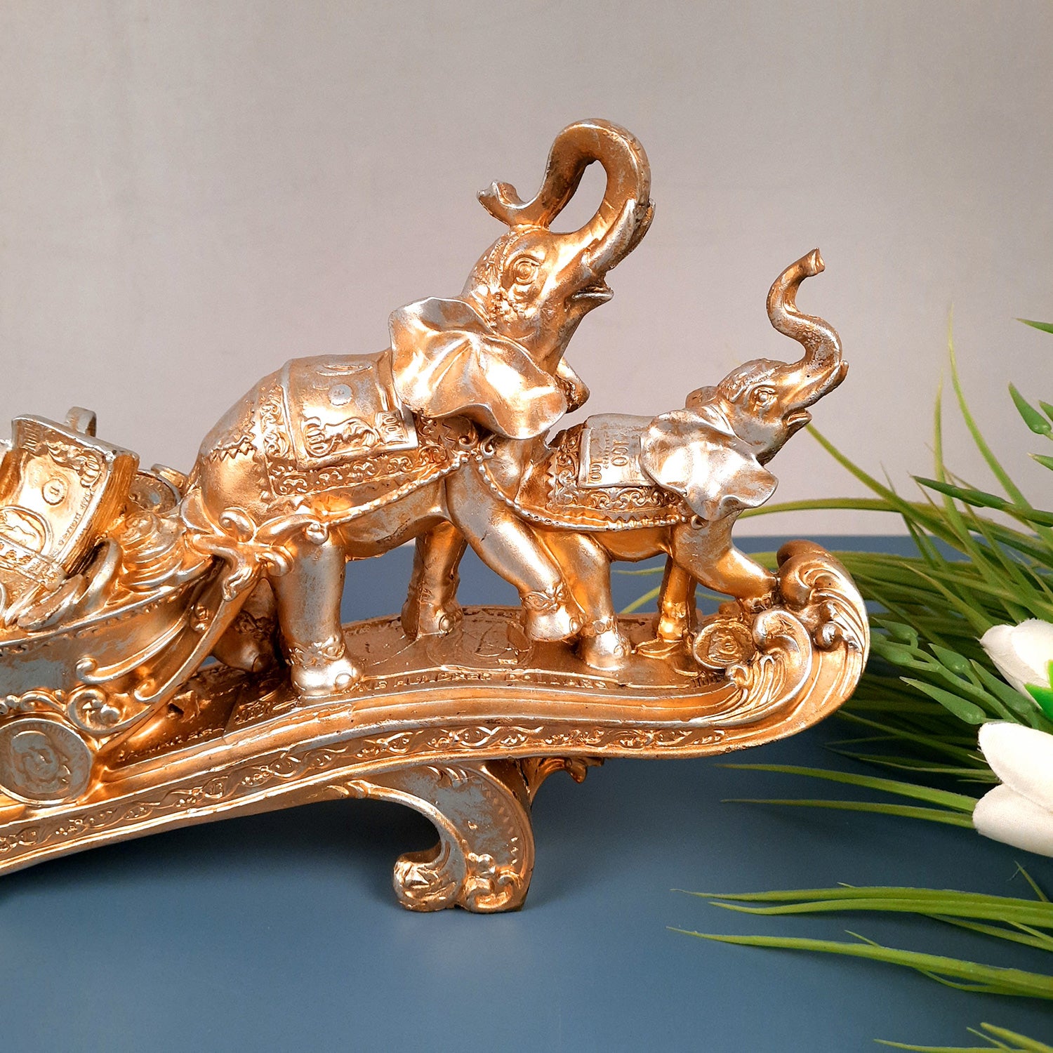 Elephant Statue Showpiece | Fengshui Trunk Up Elephant Figurine with Money & Gold Coins - for Vastu, Good Luck, Wealth, Home Decor, & Gift - 14 inch - apkamart