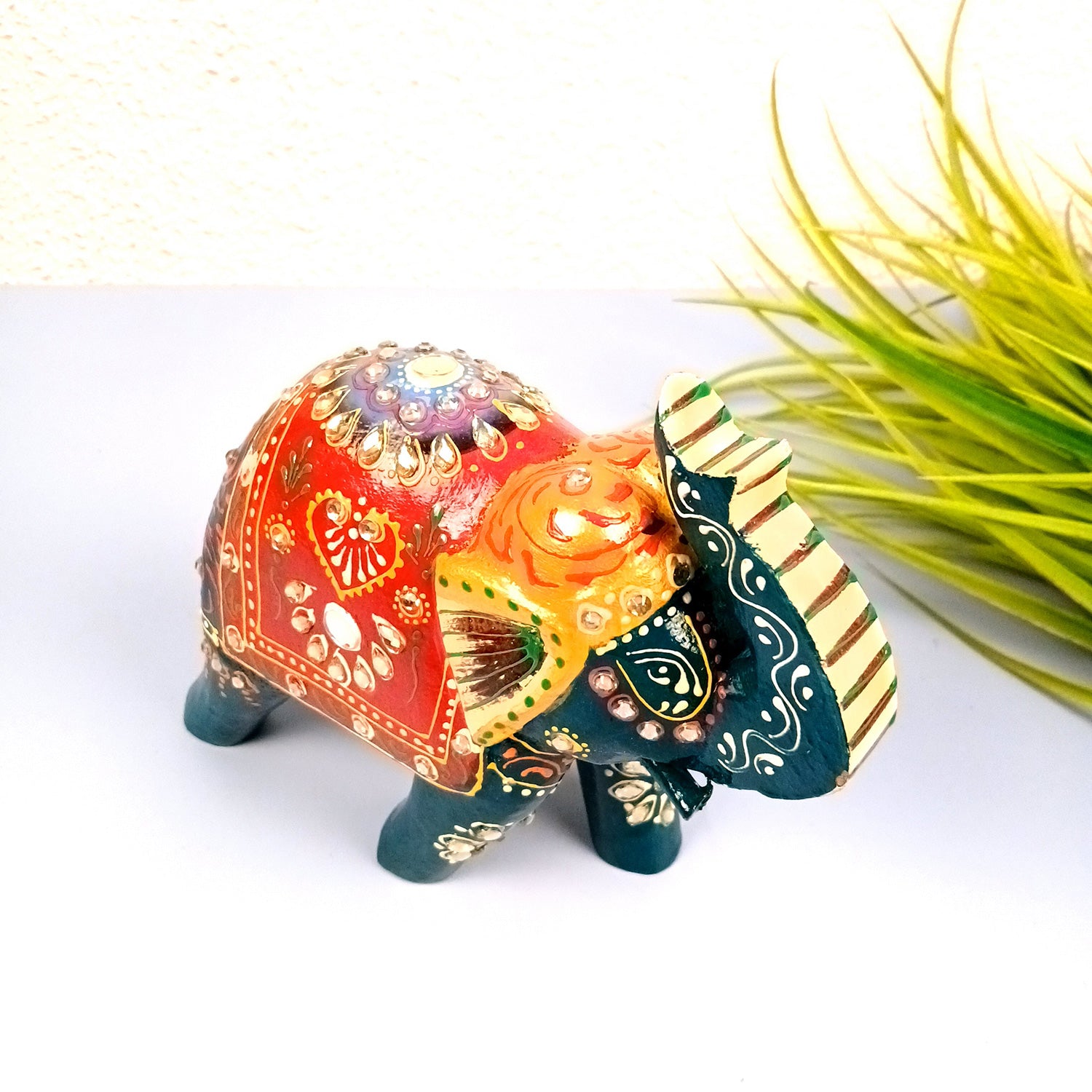 Elephant Statue Showpiece | Fengshui Trunk Up Vibrant Elephant Figurine With Kundan Work - For Vastu, Home Decor, Living Room, Office & Gift - 7 inch (Wood, Green) - Apkamart #Color_Green