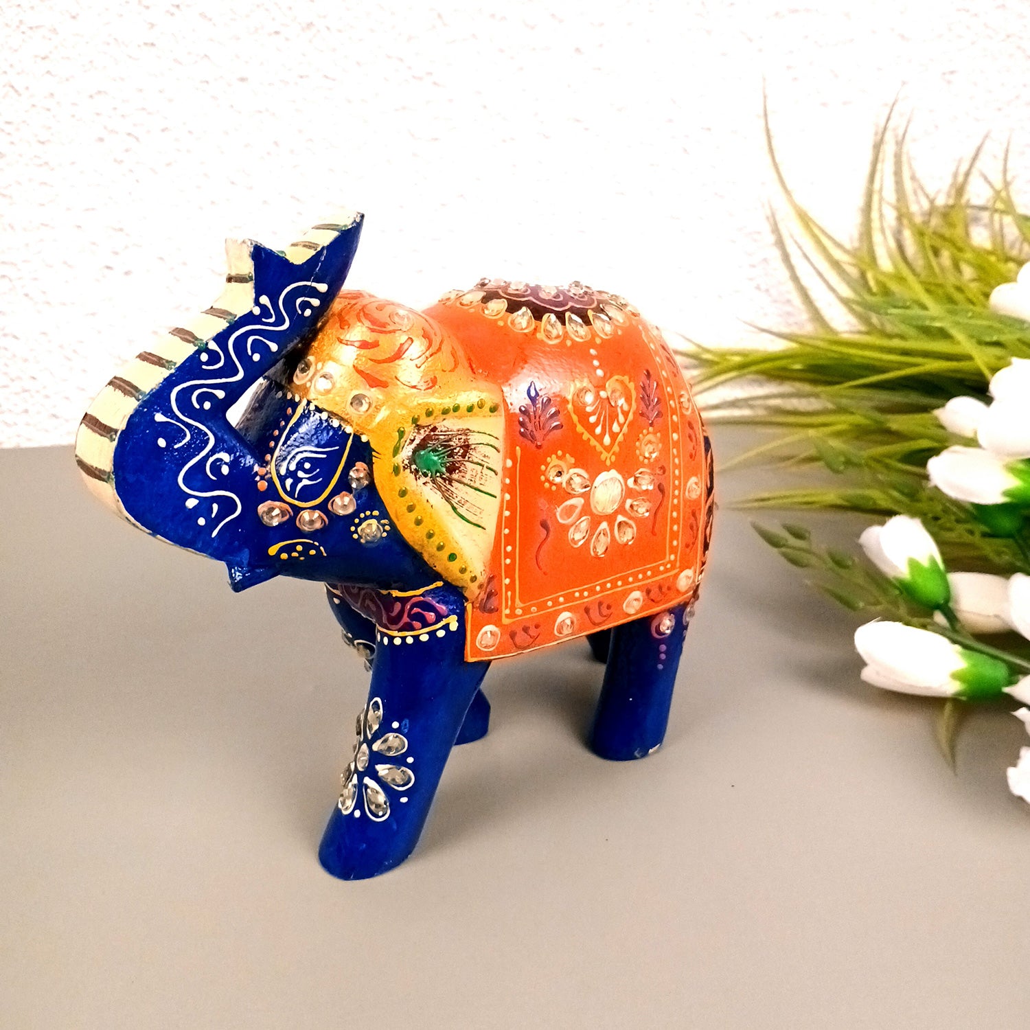 Elephant Statue Showpiece | Fengshui Trunk Up Vibrant Elephant Figurine With Kundan Work - For Vastu, Home Decor, Living Room, Office & Gift - 7 inch (Wood, Green) - Apkamart #Color_Blue