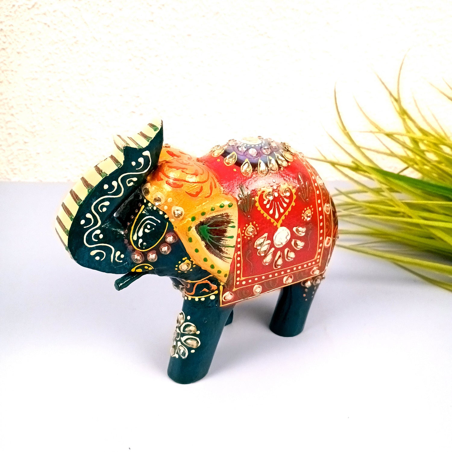 Elephant Statue Showpiece | Fengshui Trunk Up Vibrant Elephant Figurine With Kundan Work - For Vastu, Home Decor, Living Room, Office & Gift - 7 inch (Wood, Green) - Apkamart #Color_Green