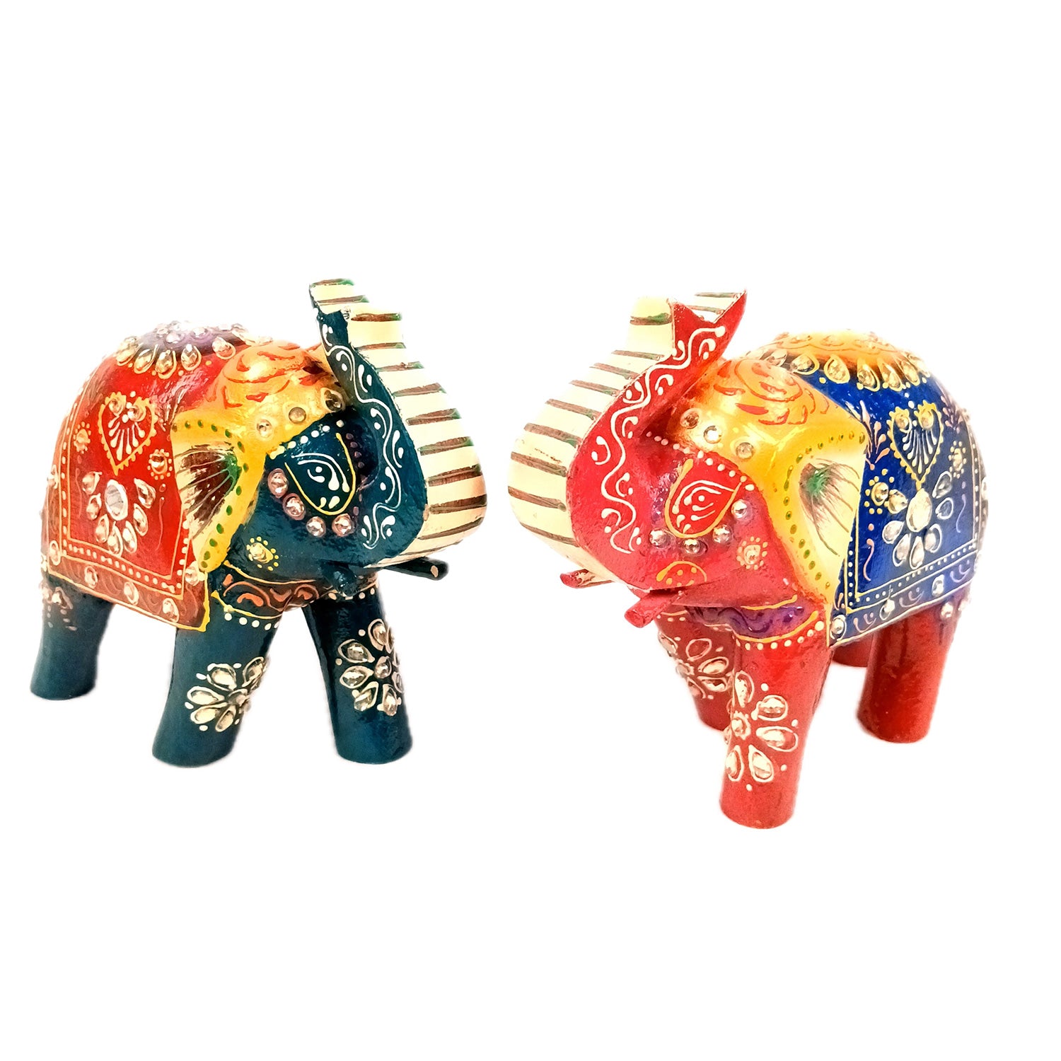 Elephant Statue Showpiece Set | Fengshui Trunk Up Vibrant Elephant Figurine With Kundan Work - For Vastu, Home Decor, Living Room, Office & Gift - 7 inch (Pack of 2) - Apkamart #Style_Design 2