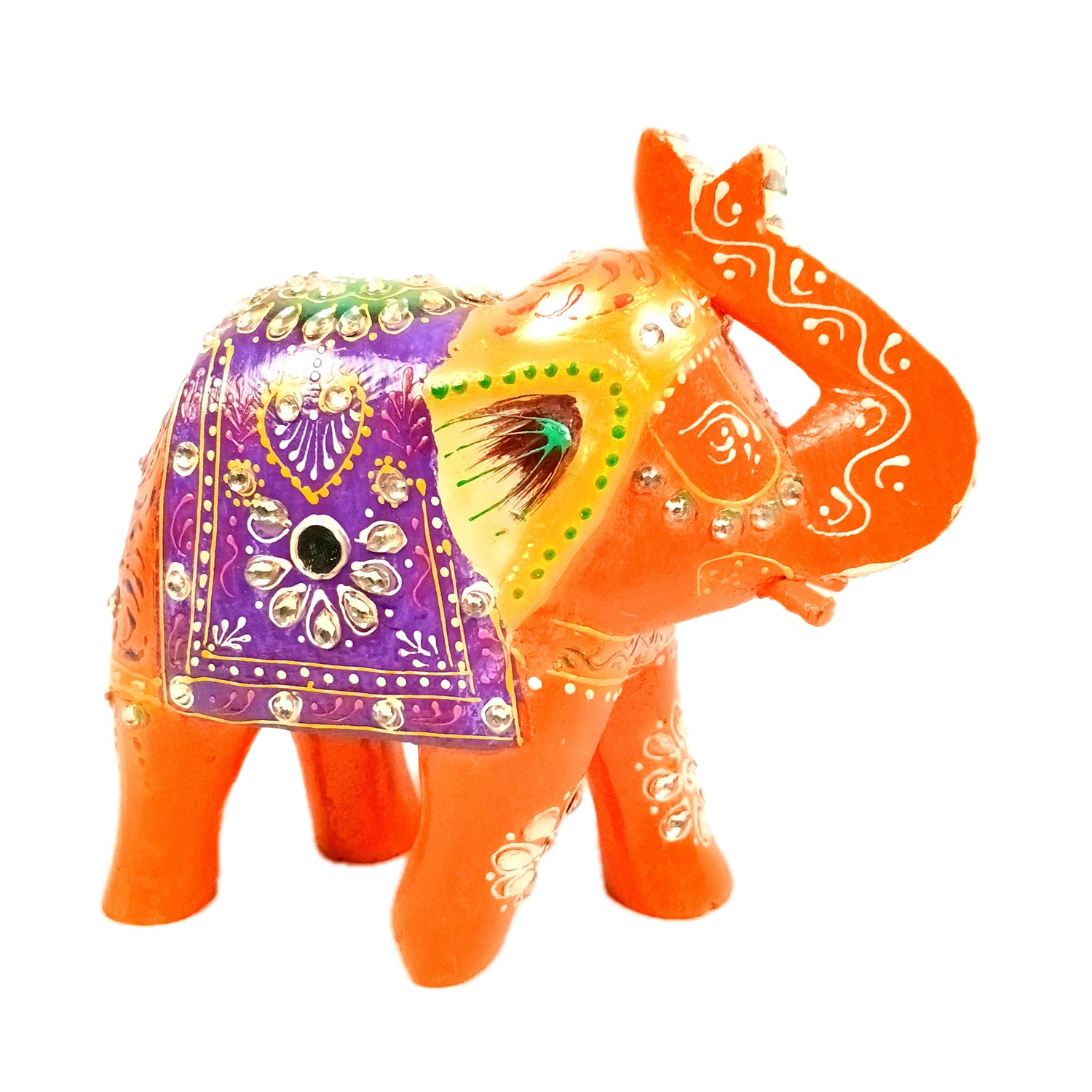 Elephant Statue Showpiece | Fengshui Trunk Up Vibrant Elephant Figurine With Kundan Work - For Vastu, Home Decor, Living Room, Office & Gift - 7 inch (Wood, Green) - Apkamart #Color_Orange