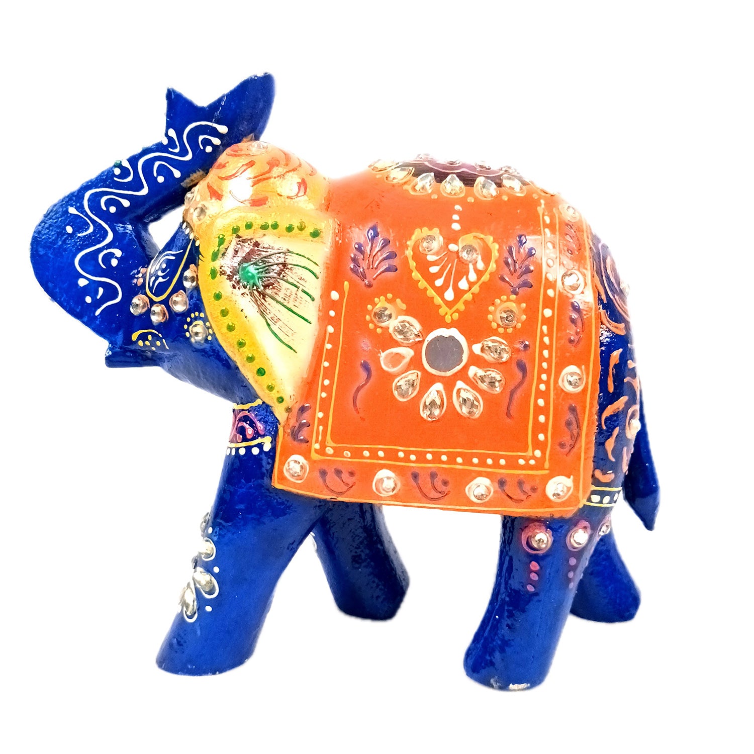 Elephant Statue Showpiece | Fengshui Trunk Up Vibrant Elephant Figurine With Kundan Work - For Vastu, Home Decor, Living Room, Office & Gift - 7 inch (Wood, Green) - Apkamart #Color_Blue