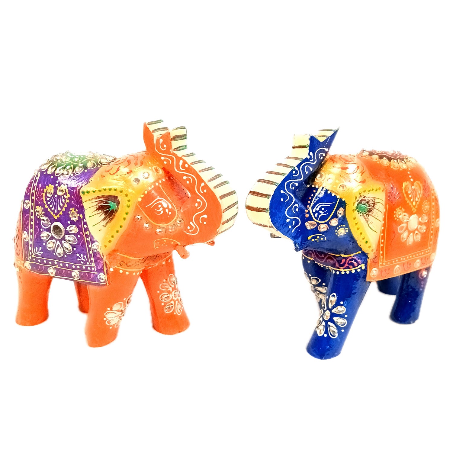 Elephant Statue Showpiece Set | Fengshui Trunk Up Vibrant Elephant Figurine With Kundan Work - For Vastu, Home Decor, Living Room, Office & Gift - 7 inch (Pack of 2) - Apkamart #Style_Design 1