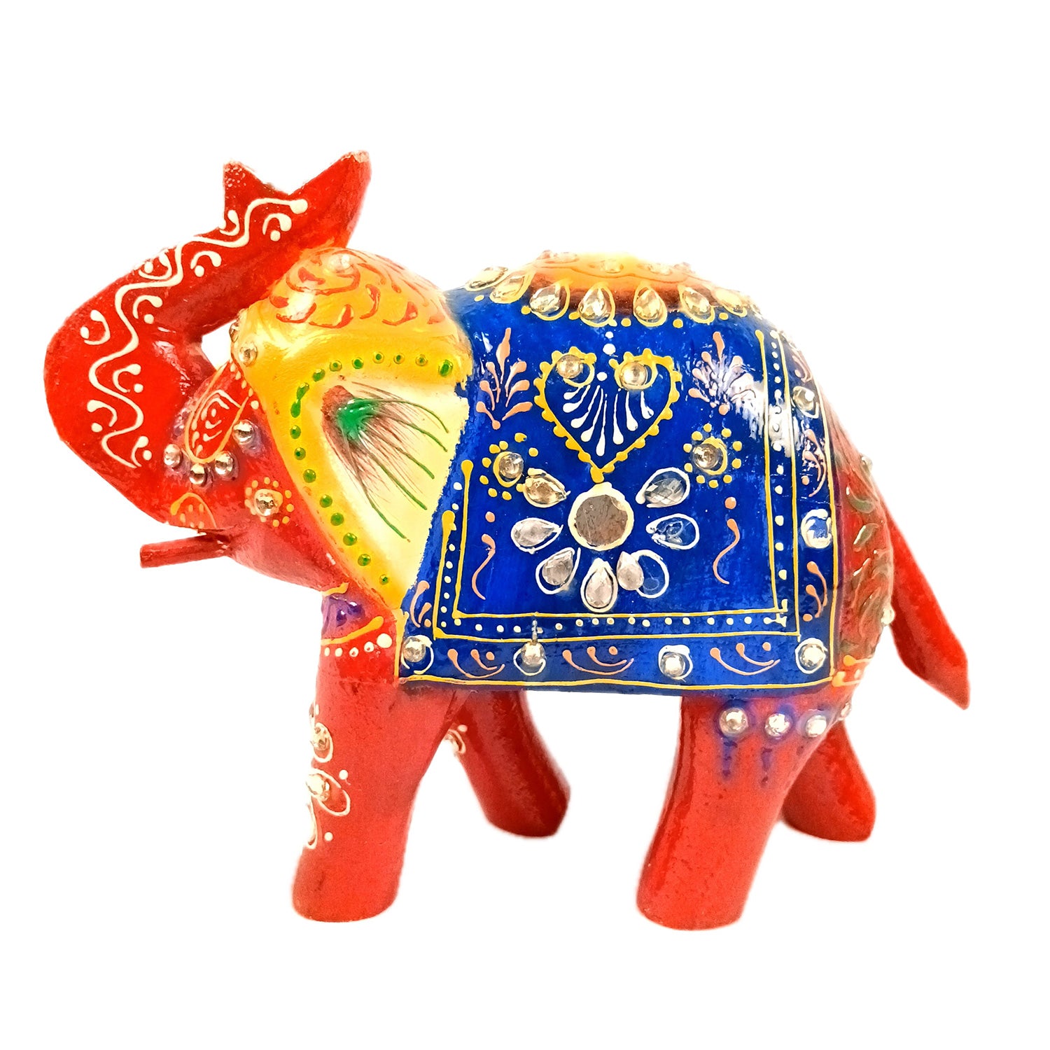 Elephant Statue Showpiece | Fengshui Trunk Up Vibrant Elephant Figurine With Kundan Work - For Vastu, Home Decor, Living Room, Office & Gift - 7 inch (Wood, Green) - Apkamart #Color_Red