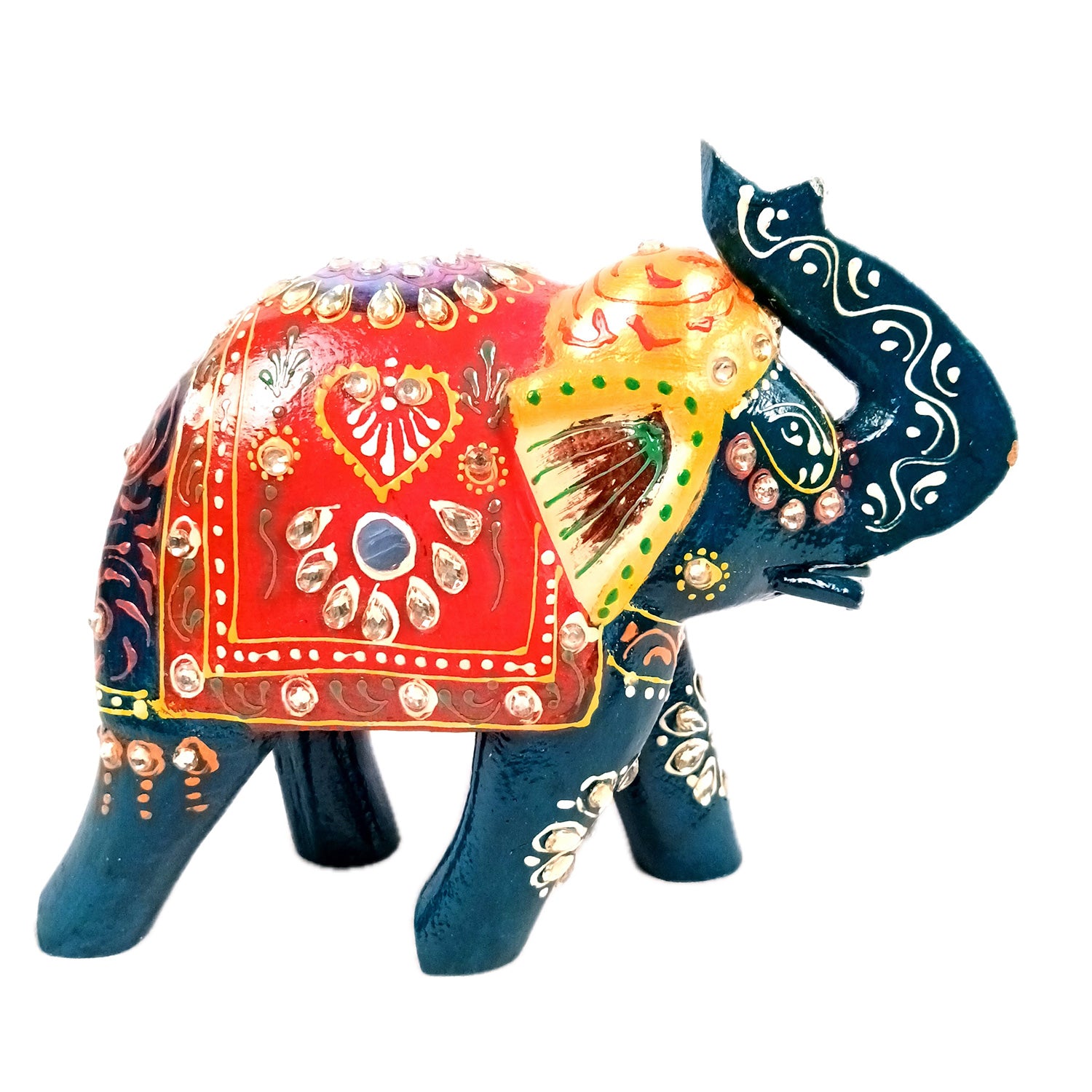 Elephant Statue Showpiece | Fengshui Trunk Up Vibrant Elephant Figurine With Kundan Work - For Vastu, Home Decor, Living Room, Office & Gift - 7 inch (Wood, Green) - Apkamart #Color_Green