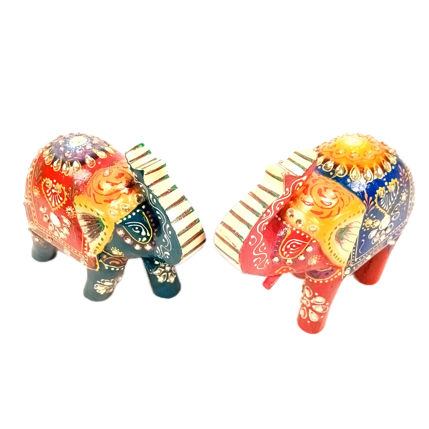 Elephant Statue Showpiece Set | Fengshui Trunk Up Vibrant Elephant Figurine With Kundan Work - For Vastu, Home Decor, Living Room, Office & Gift - 7 inch (Pack of 2) - Apkamart #Style_Design 2