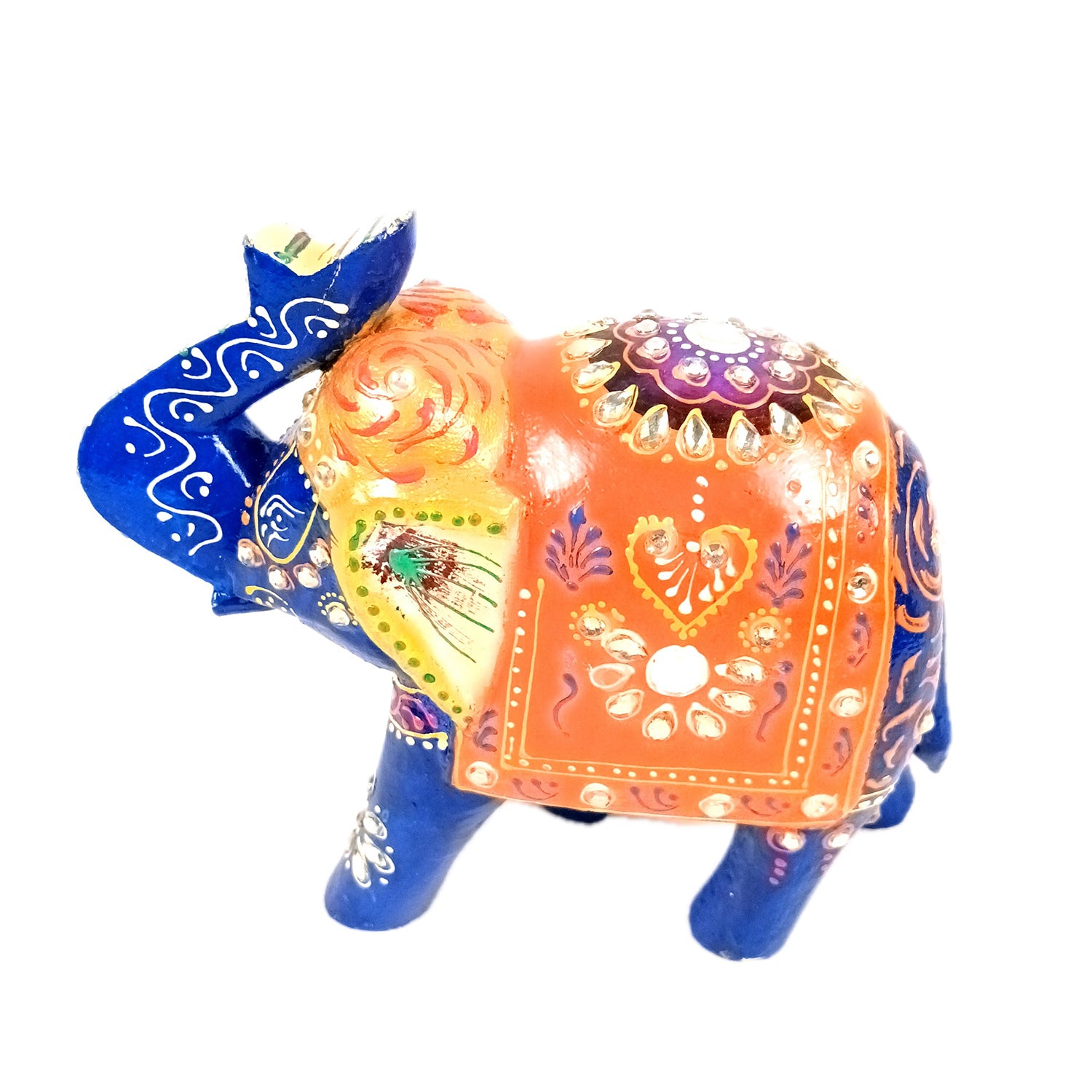 Elephant Statue Showpiece | Fengshui Trunk Up Vibrant Elephant Figurine With Kundan Work - For Vastu, Home Decor, Living Room, Office & Gift - 7 inch (Wood, Green) - Apkamart #Color_Blue