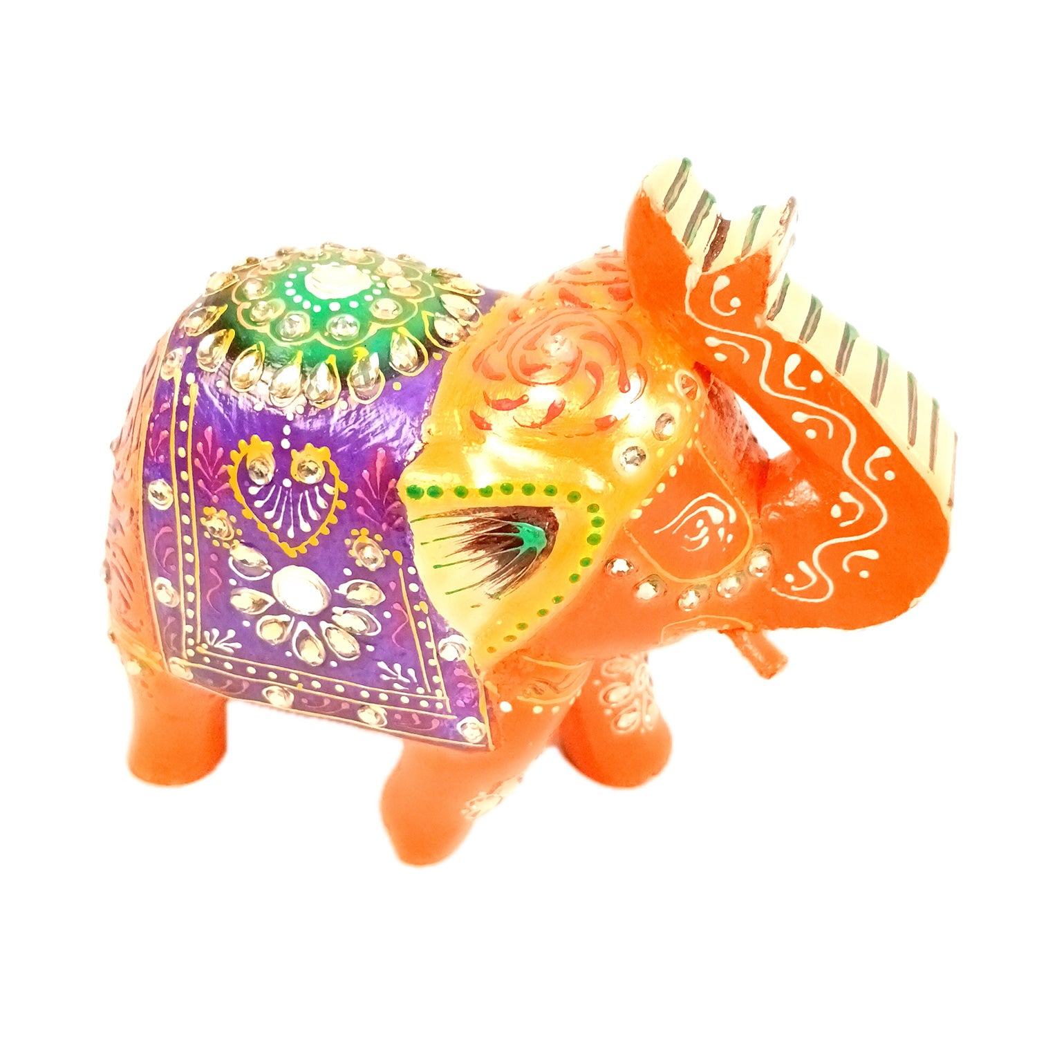 Elephant Statue Showpiece | Fengshui Trunk Up Vibrant Elephant Figurine With Kundan Work - For Vastu, Home Decor, Living Room, Office & Gift - 7 inch (Wood, Green) - Apkamart #Color_Orange