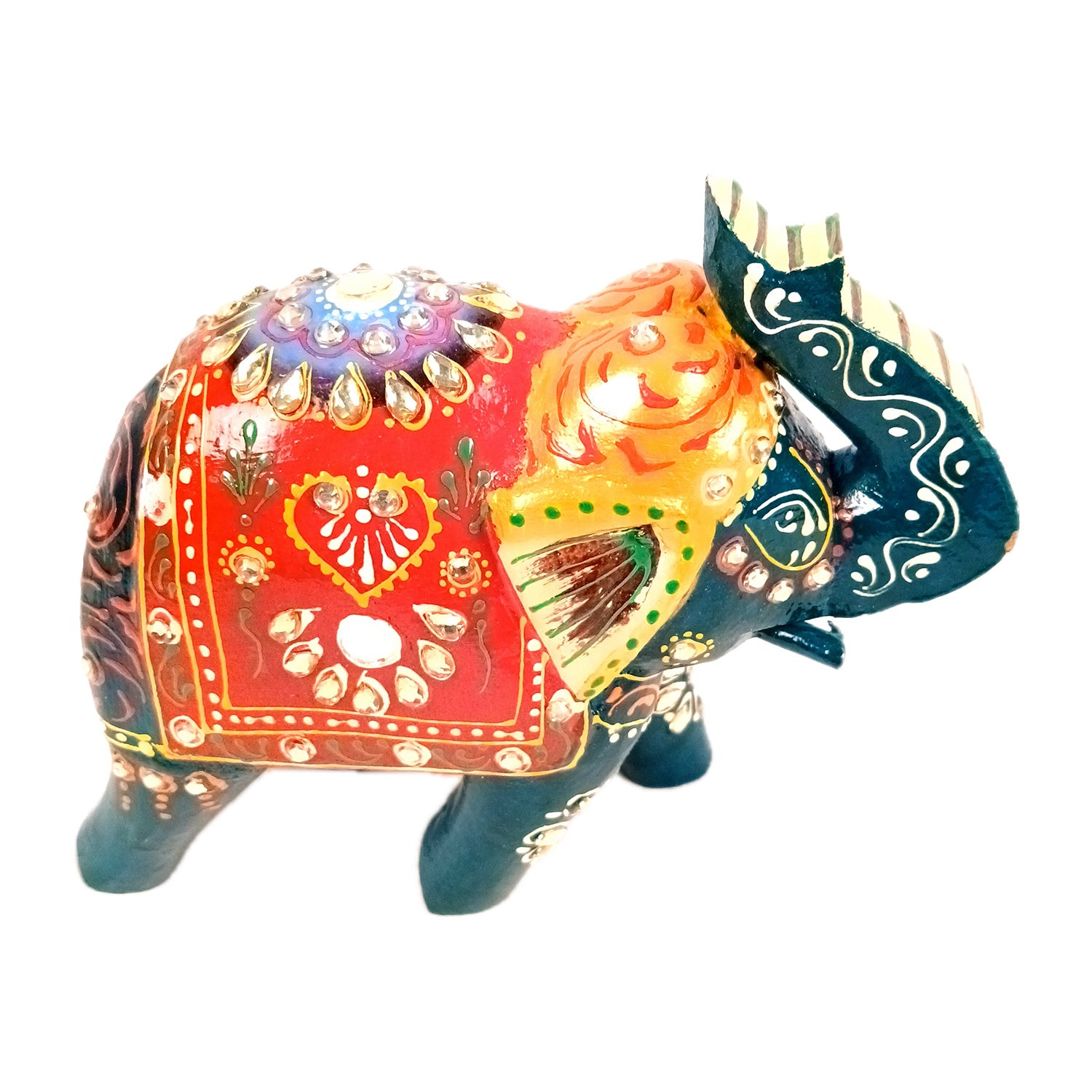 Elephant Statue Showpiece | Fengshui Trunk Up Vibrant Elephant Figurine With Kundan Work - For Vastu, Home Decor, Living Room, Office & Gift - 7 inch (Wood, Green) - Apkamart #Color_Green