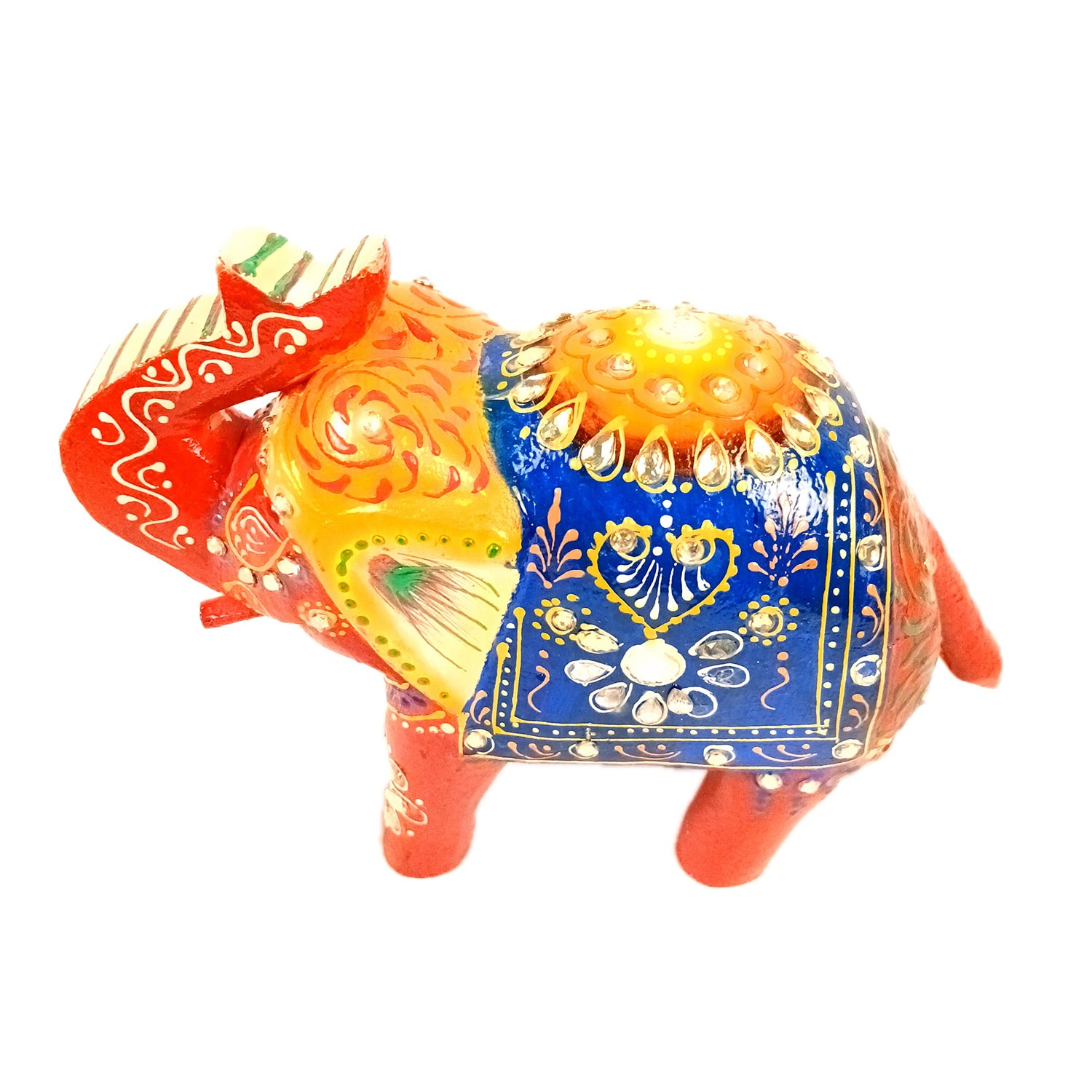 Elephant Statue Showpiece | Fengshui Trunk Up Vibrant Elephant Figurine With Kundan Work - For Vastu, Home Decor, Living Room, Office & Gift - 7 inch (Wood, Green) - Apkamart #Color_Red