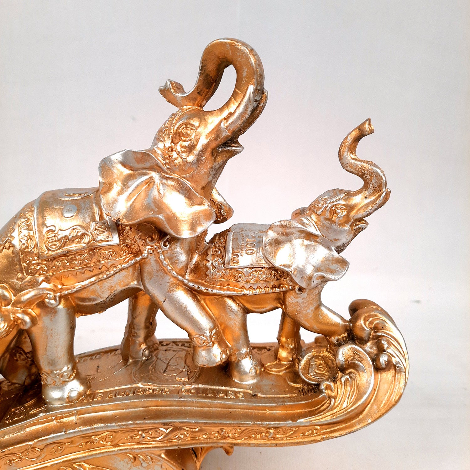 Elephant Statue Showpiece | Fengshui Trunk Up Elephant Figurine with Money & Gold Coins - for Vastu, Good Luck, Wealth, Home Decor, & Gift - 14 inch - apkamart