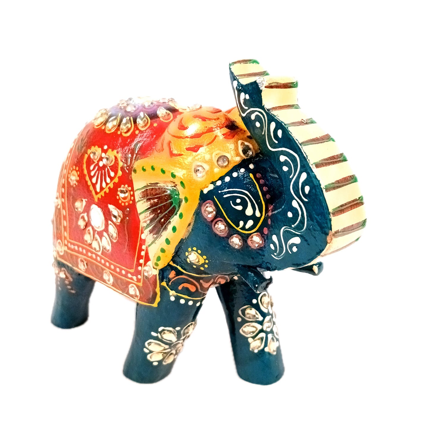 Elephant Statue Showpiece | Fengshui Trunk Up Vibrant Elephant Figurine With Kundan Work - For Vastu, Home Decor, Living Room, Office & Gift - 7 inch (Wood, Green) - Apkamart #Color_Green