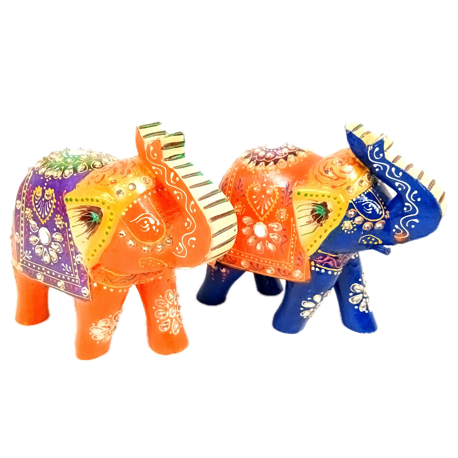 Elephant Statue Showpiece Set | Fengshui Trunk Up Vibrant Elephant Figurine With Kundan Work - For Vastu, Home Decor, Living Room, Office & Gift - 7 inch (Pack of 2) - Apkamart #Style_Design 1