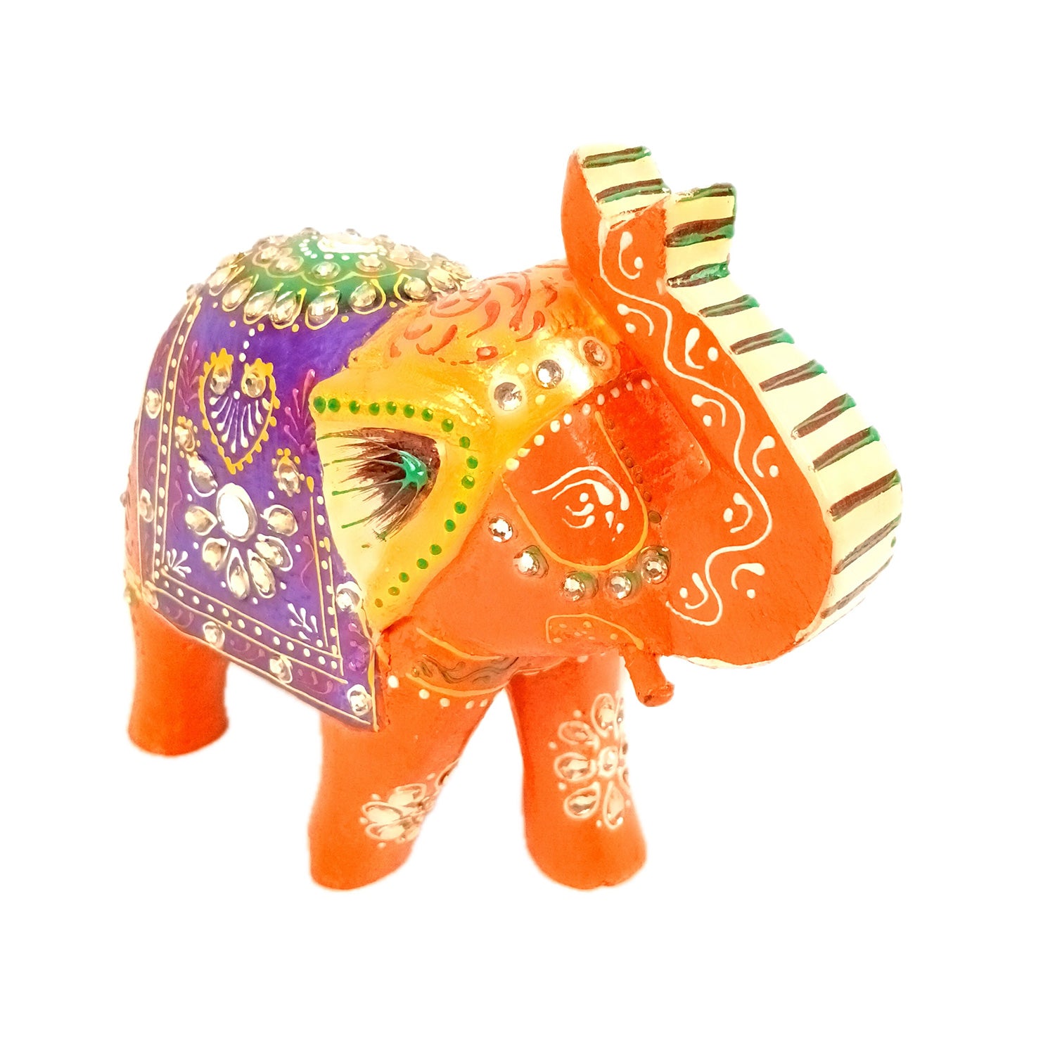 Elephant Statue Showpiece | Fengshui Trunk Up Vibrant Elephant Figurine With Kundan Work - For Vastu, Home Decor, Living Room, Office & Gift - 7 inch (Wood, Green) - Apkamart #Color_Orange