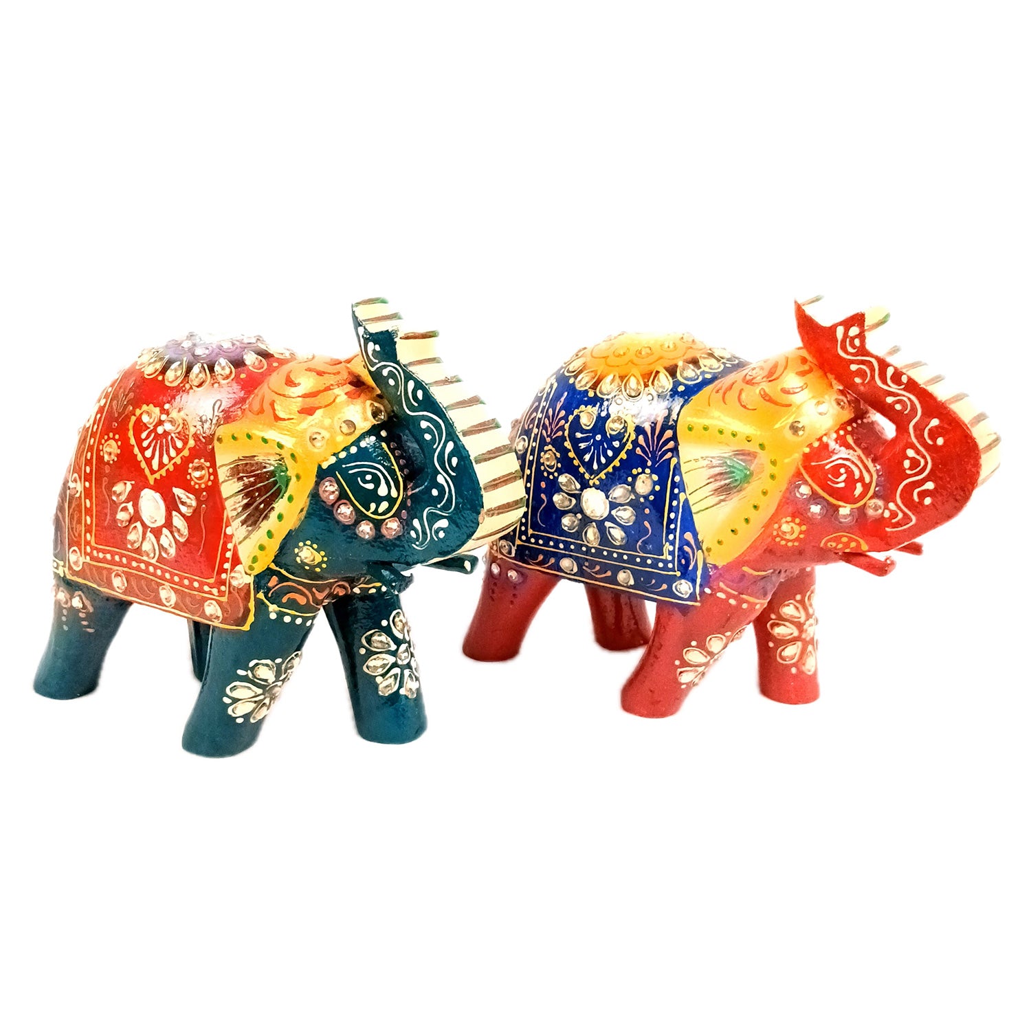 Elephant Statue Showpiece Set | Fengshui Trunk Up Vibrant Elephant Figurine With Kundan Work - For Vastu, Home Decor, Living Room, Office & Gift - 7 inch (Pack of 2) - Apkamart #Style_Design 2