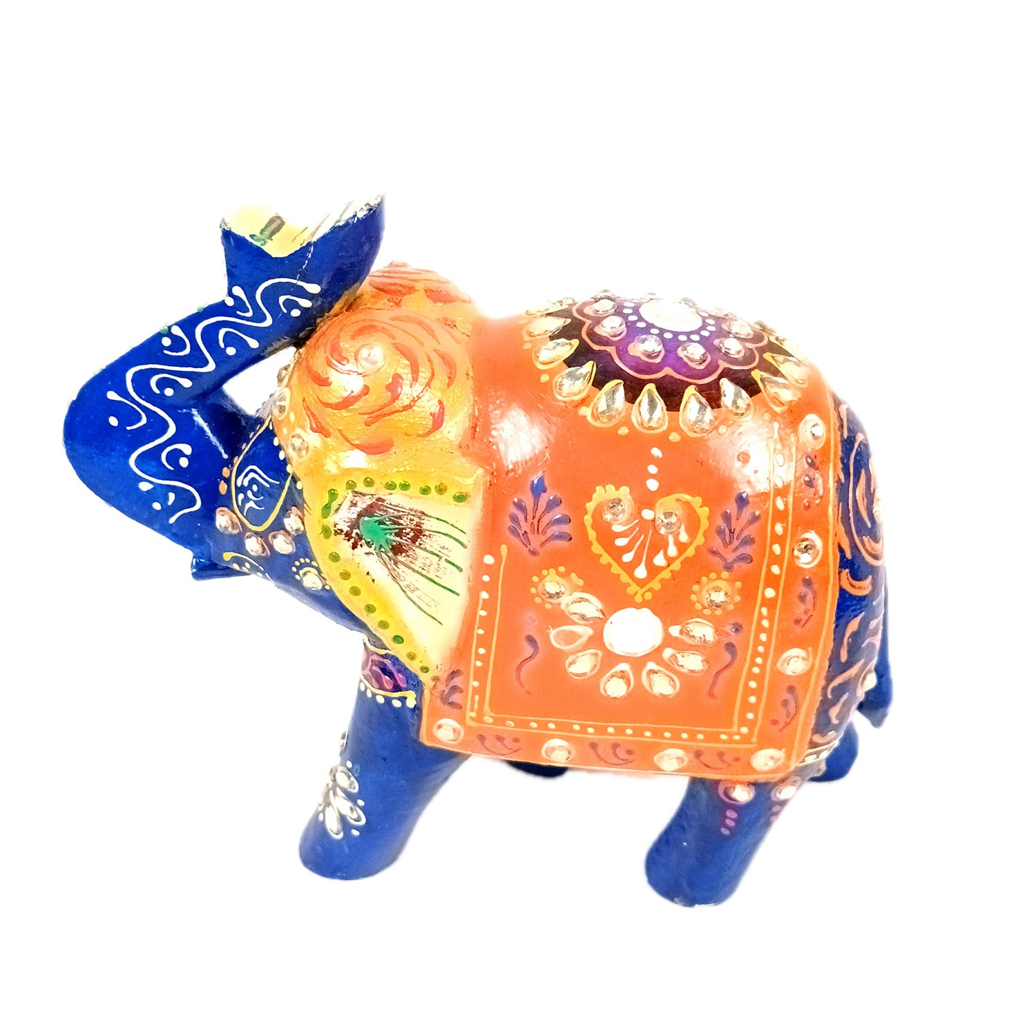 Elephant Statue Showpiece | Fengshui Trunk Up Vibrant Elephant Figurine With Kundan Work - For Vastu, Home Decor, Living Room, Office & Gift - 7 inch (Wood, Green) - Apkamart #Color_Blue