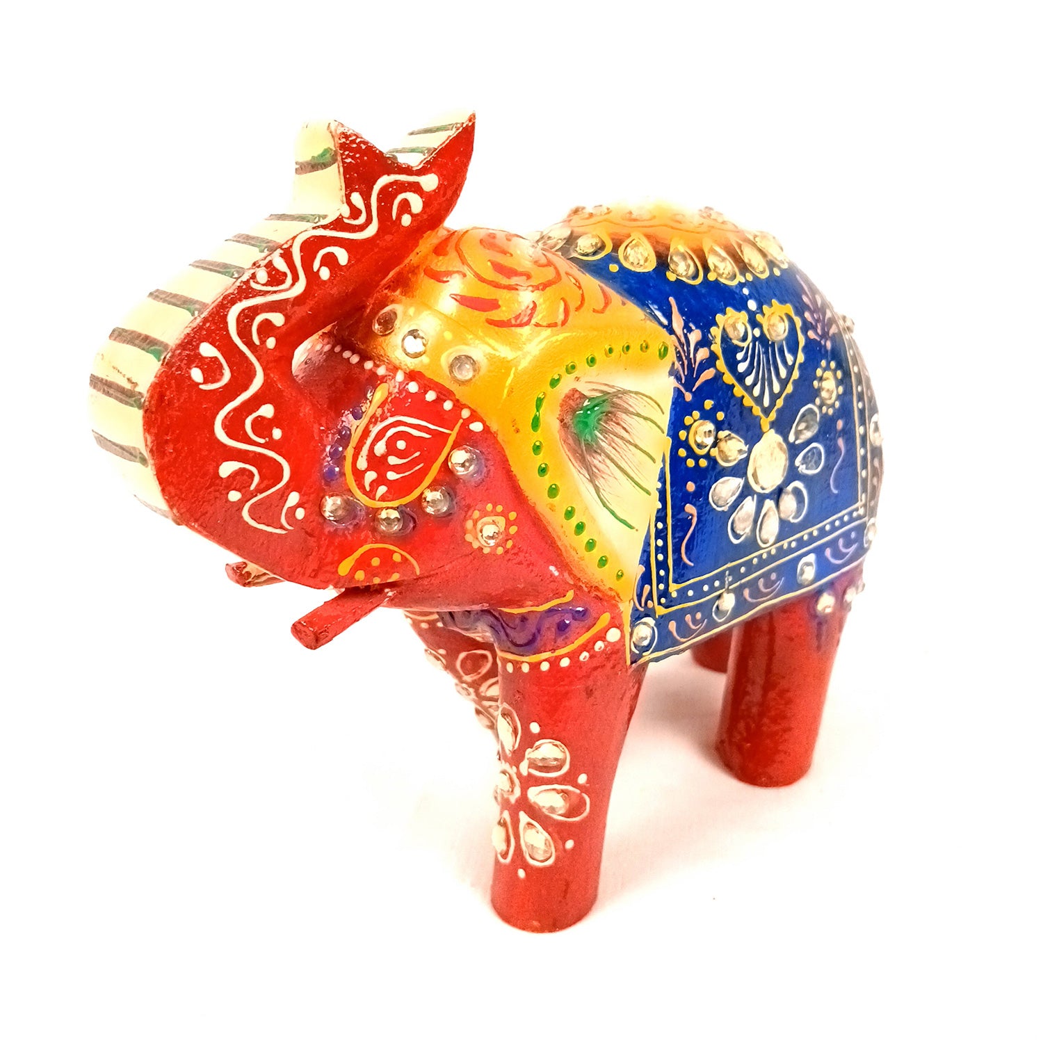 Elephant Statue Showpiece | Fengshui Trunk Up Vibrant Elephant Figurine With Kundan Work - For Vastu, Home Decor, Living Room, Office & Gift - 7 inch (Wood, Green) - Apkamart #Color_Red