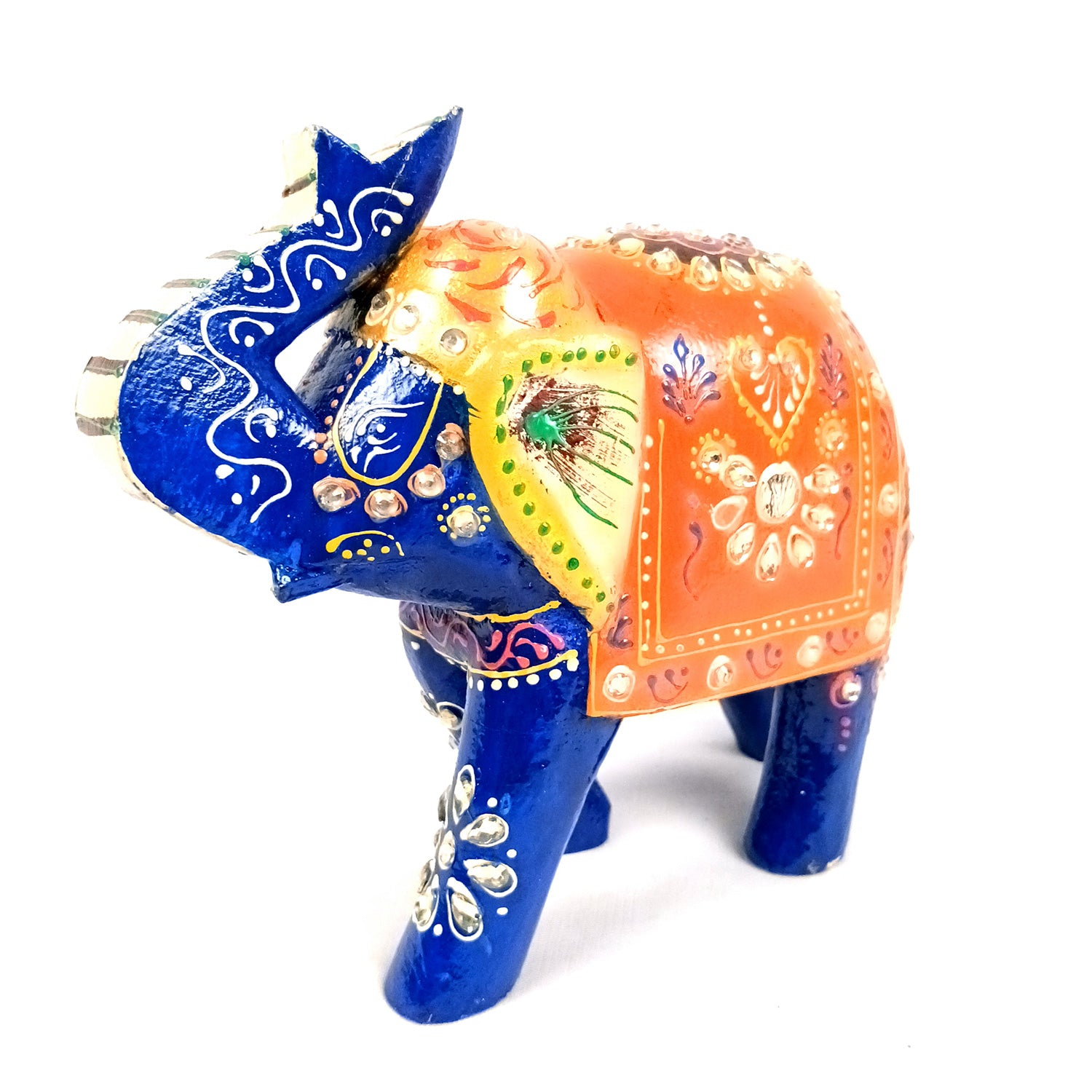 Elephant Statue Showpiece | Fengshui Trunk Up Vibrant Elephant Figurine With Kundan Work - For Vastu, Home Decor, Living Room, Office & Gift - 7 inch (Wood, Green) - Apkamart #Color_Blue