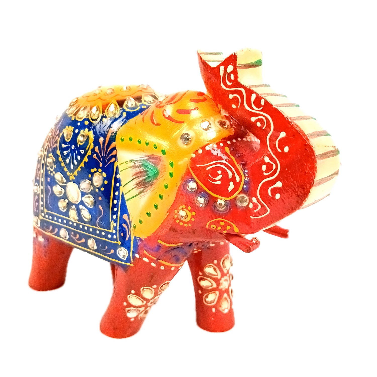 Elephant Statue Showpiece | Fengshui Trunk Up Vibrant Elephant Figurine With Kundan Work - For Vastu, Home Decor, Living Room, Office & Gift - 7 inch (Wood, Green) - Apkamart #Color_Red