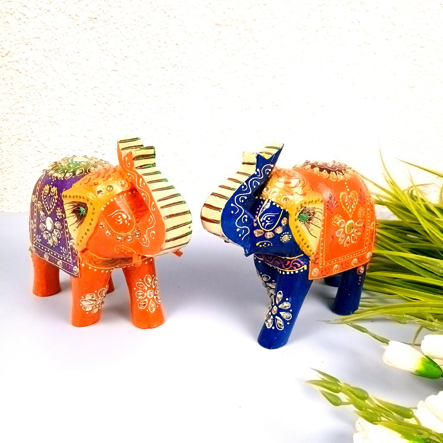 Elephant Statue Showpiece Set | Fengshui Trunk Up Vibrant Elephant Figurine With Kundan Work - For Vastu, Home Decor, Living Room, Office & Gift - 7 inch (Pack of 2) - Apkamart #Style_Design 1