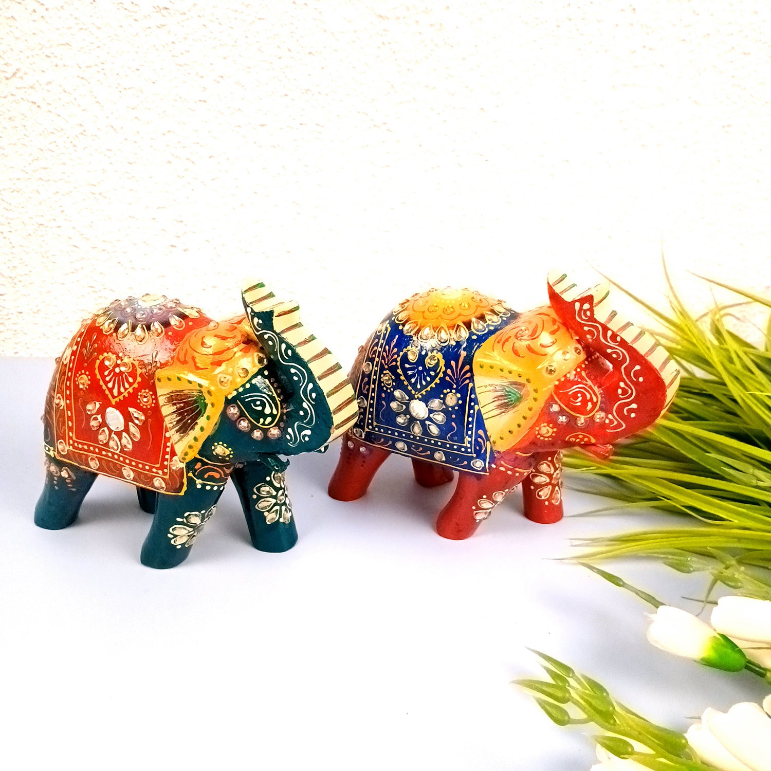 Elephant Statue Showpiece Set | Fengshui Trunk Up Vibrant Elephant Figurine With Kundan Work - For Vastu, Home Decor, Living Room, Office & Gift - 7 inch (Pack of 2) - Apkamart #Style_Design 2