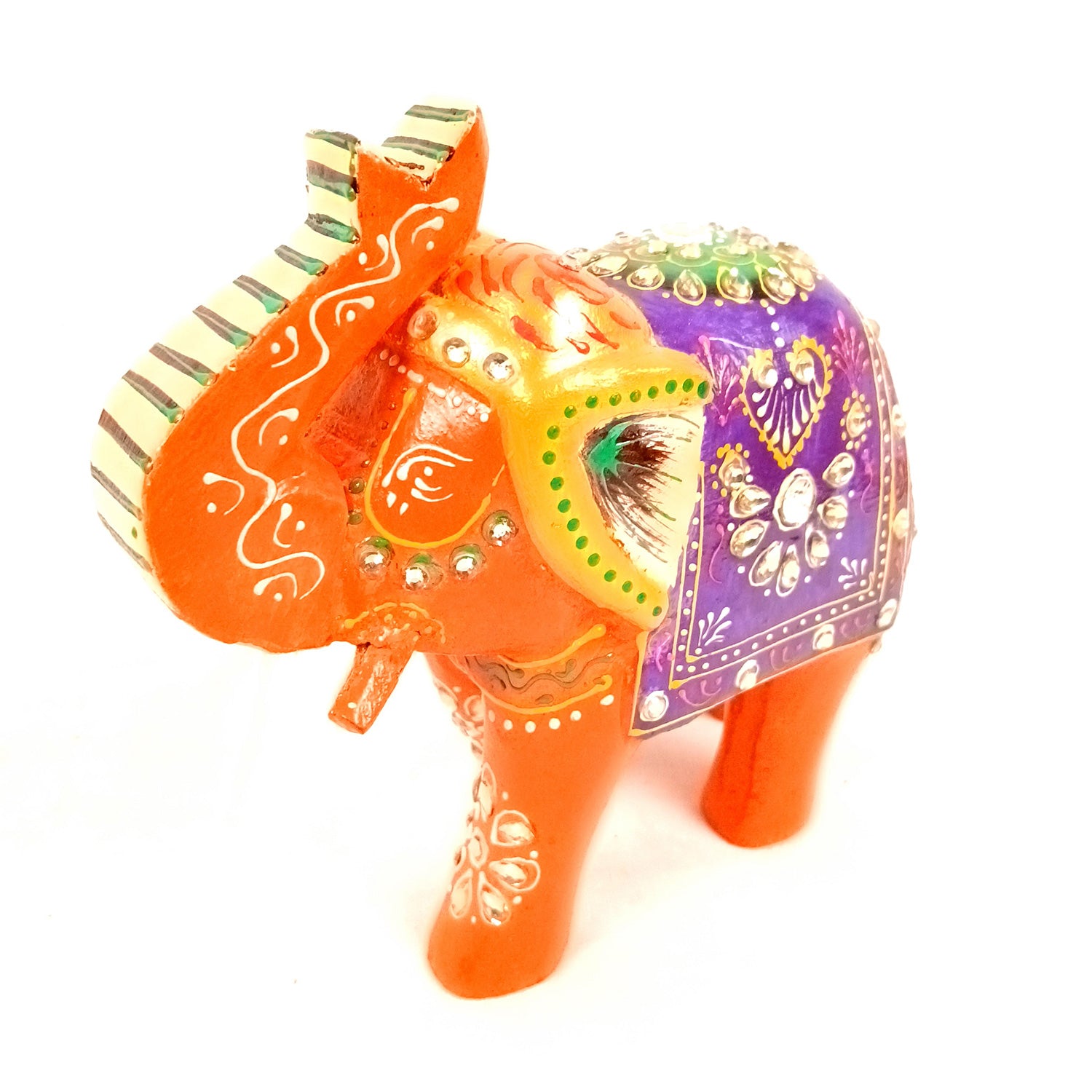 Elephant Statue Showpiece | Fengshui Trunk Up Vibrant Elephant Figurine With Kundan Work - For Vastu, Home Decor, Living Room, Office & Gift - 7 inch (Wood, Green) - Apkamart #Color_Orange