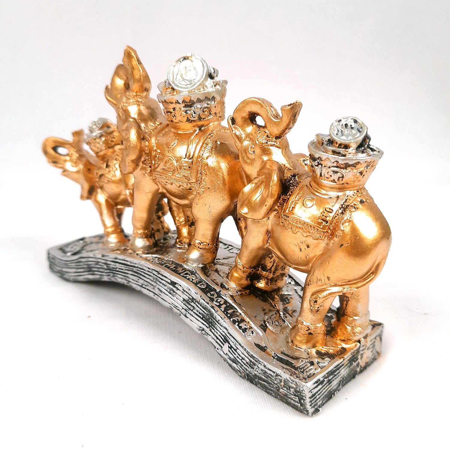 Elephant Statue Showpiece Trunk Up | Fengshui 3 Elephant Figurine With Gold Coins Pot - For Vastu, Good Fortune, Wealth, Strength | For Home Decor, Living Room, Office & Gift - 8 Inch - Apkamart