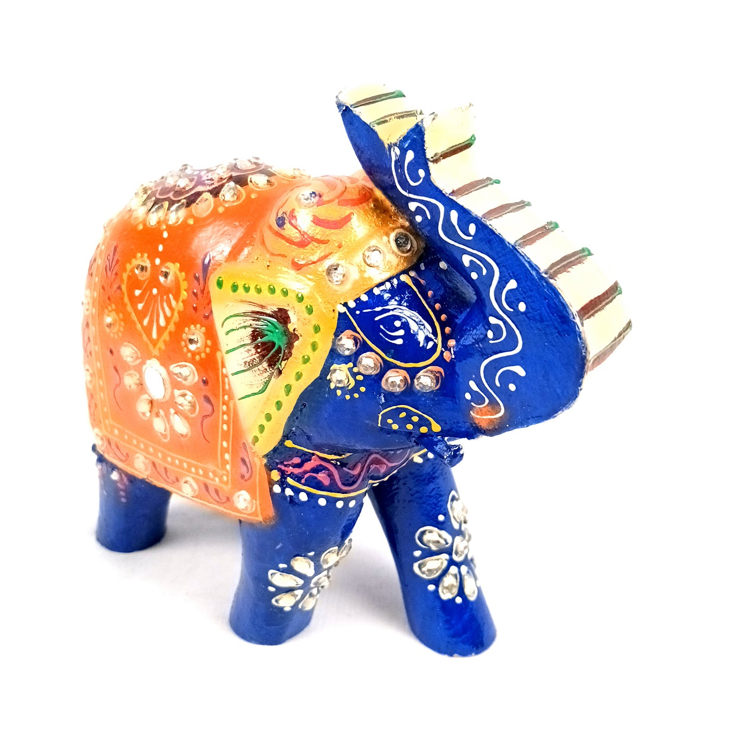 Elephant Statue Showpiece | Fengshui Trunk Up Vibrant Elephant Figurine With Kundan Work - For Vastu, Home Decor, Living Room, Office & Gift - 7 inch (Wood, Green) - Apkamart #Color_Blue