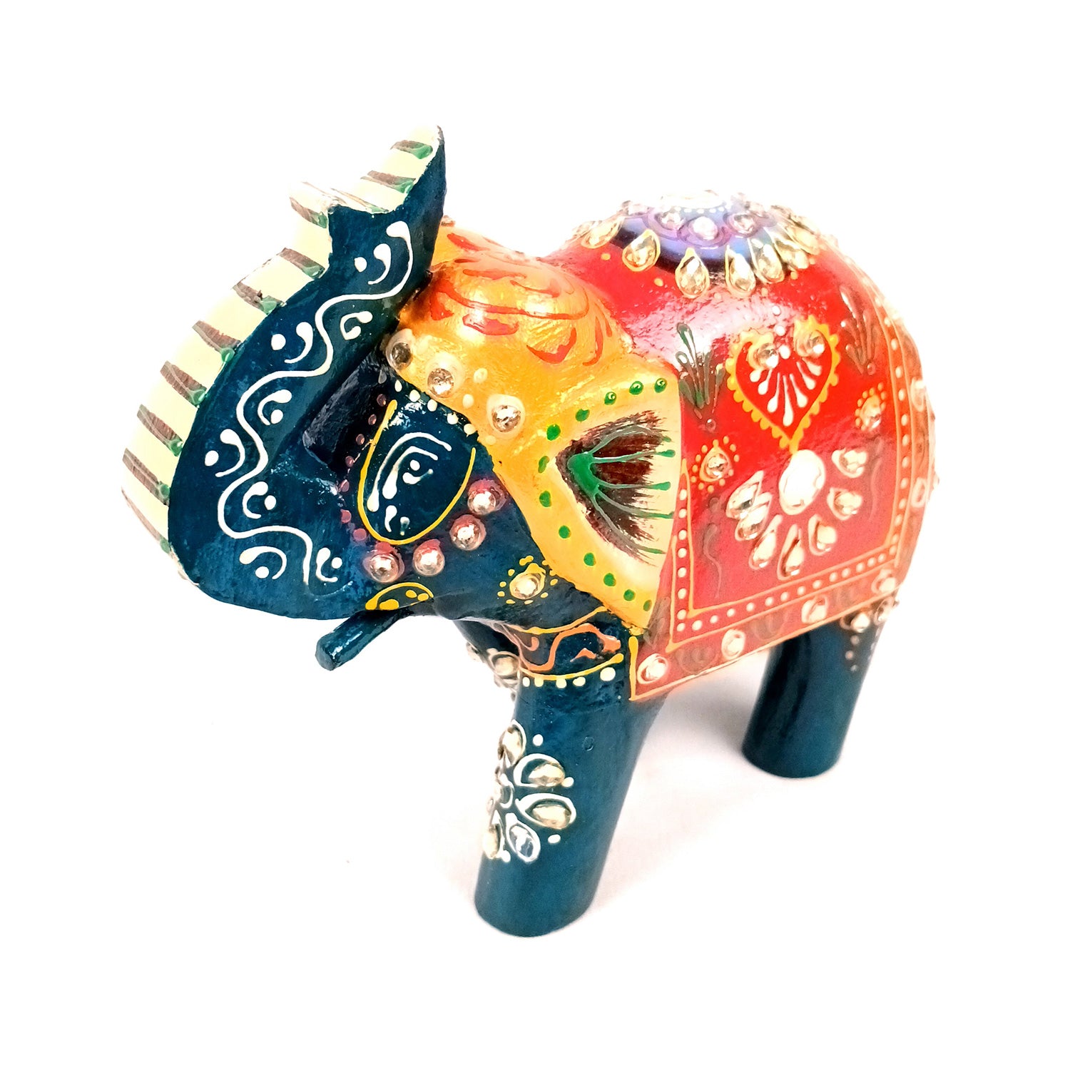 Elephant Statue Showpiece | Fengshui Trunk Up Vibrant Elephant Figurine With Kundan Work - For Vastu, Home Decor, Living Room, Office & Gift - 7 inch (Wood, Green) - Apkamart #Color_Green