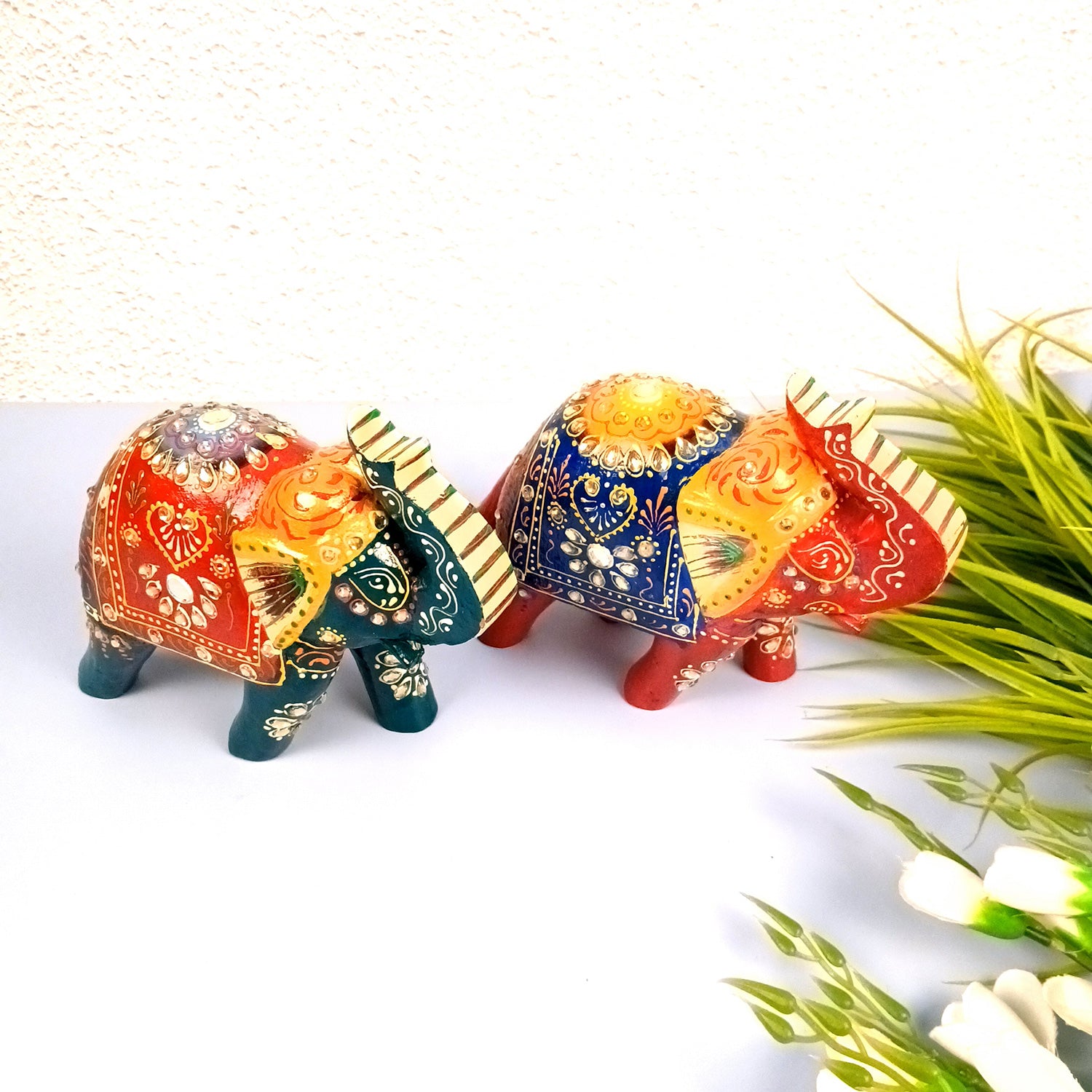 Elephant Statue Showpiece Set | Fengshui Trunk Up Vibrant Elephant Figurine With Kundan Work - For Vastu, Home Decor, Living Room, Office & Gift - 7 inch (Pack of 2) - Apkamart #Style_Design 2