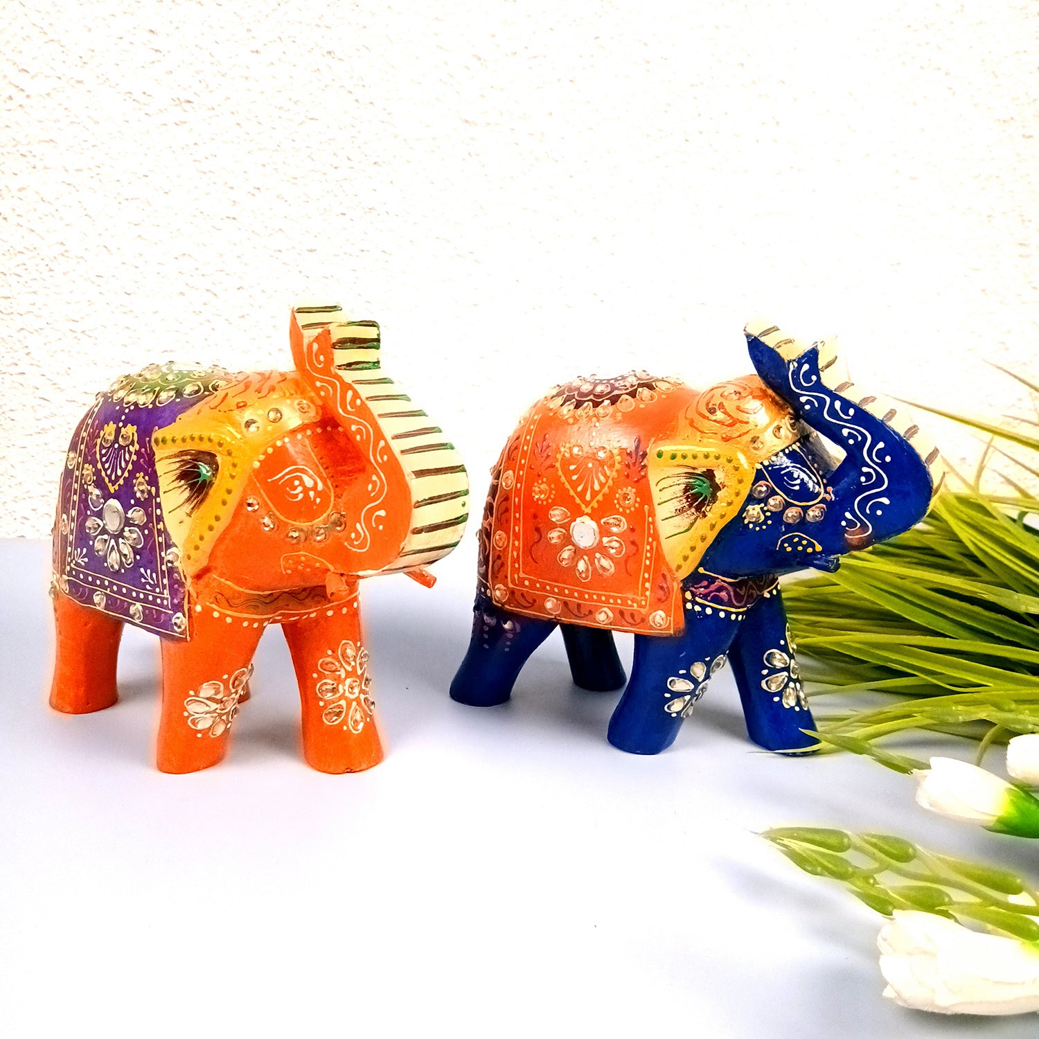 Elephant Statue Showpiece Set | Fengshui Trunk Up Vibrant Elephant Figurine With Kundan Work - For Vastu, Home Decor, Living Room, Office & Gift - 7 inch (Pack of 2) - Apkamart #Style_Design 1