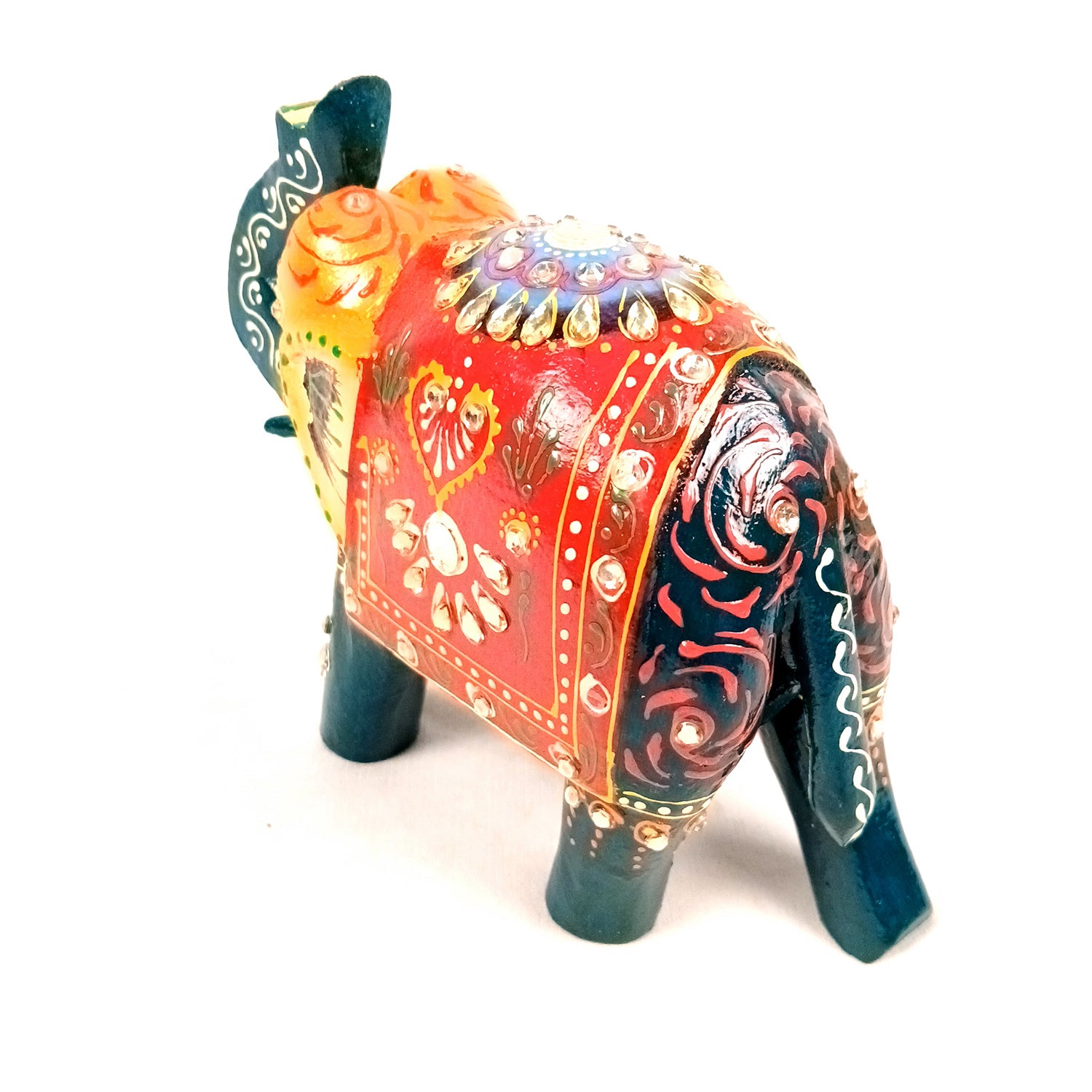 Elephant Statue Showpiece | Fengshui Trunk Up Vibrant Elephant Figurine With Kundan Work - For Vastu, Home Decor, Living Room, Office & Gift - 7 inch (Wood, Green) - Apkamart #Color_Green