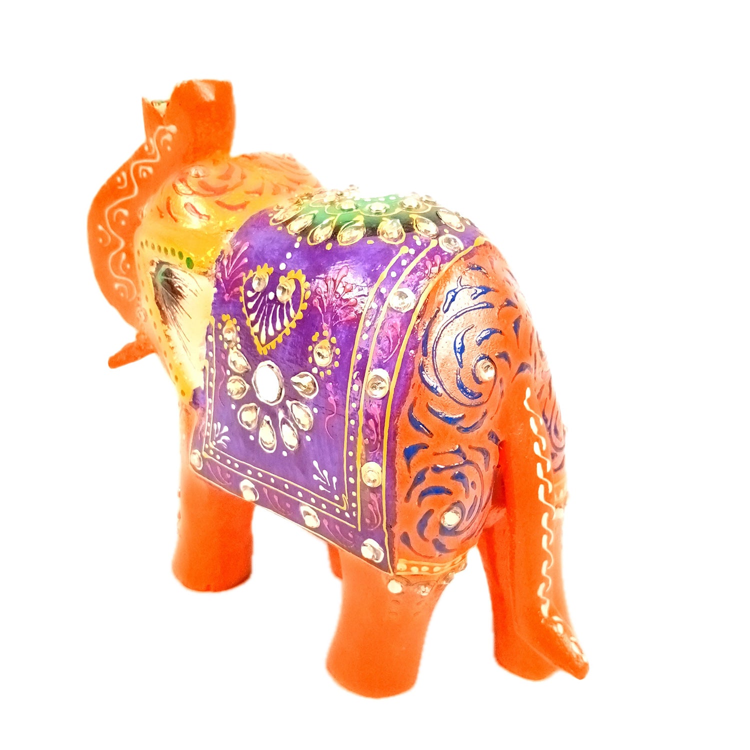 Elephant Statue Showpiece | Fengshui Trunk Up Vibrant Elephant Figurine With Kundan Work - For Vastu, Home Decor, Living Room, Office & Gift - 7 inch (Wood, Green) - Apkamart #Color_Orange