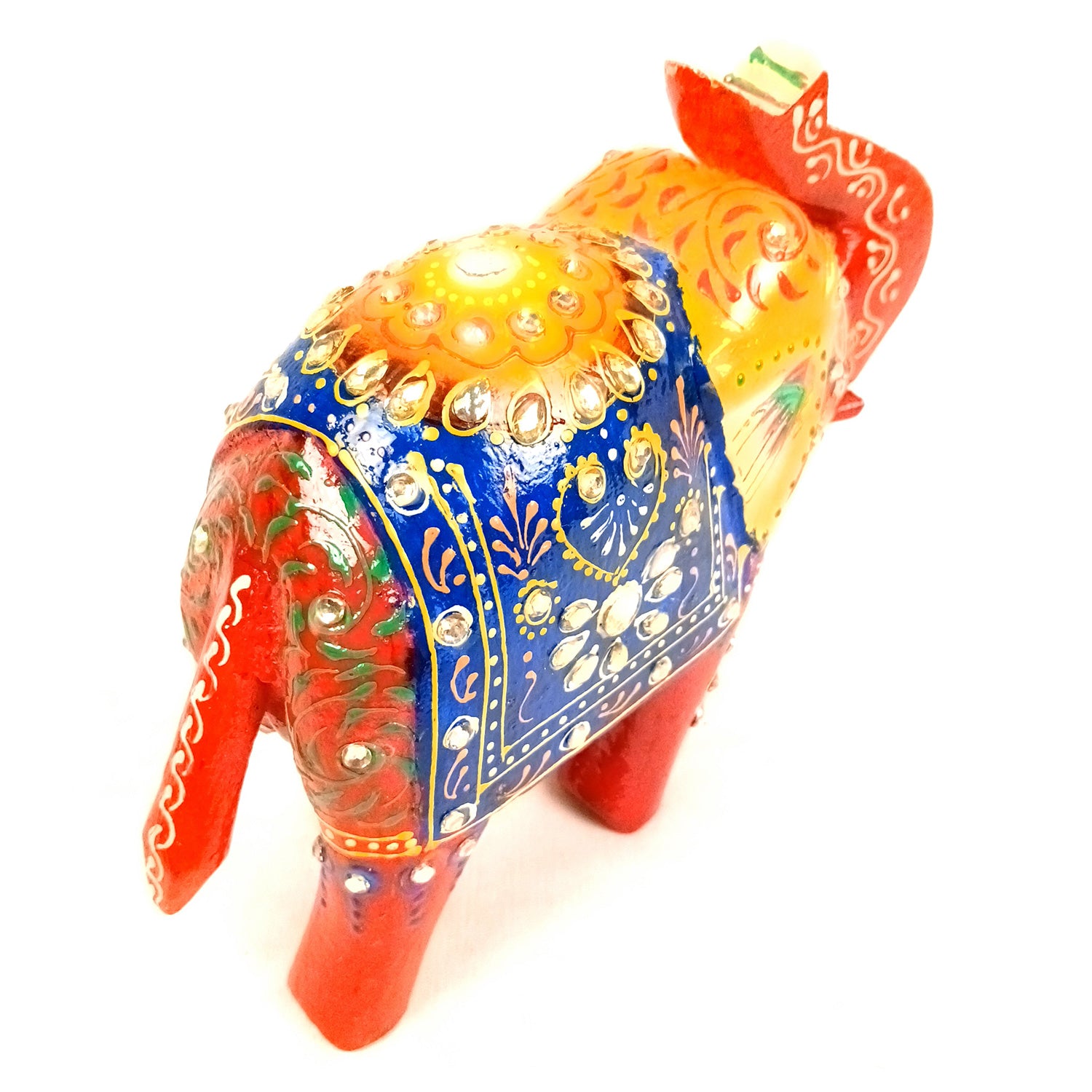 Elephant Statue Showpiece | Fengshui Trunk Up Vibrant Elephant Figurine With Kundan Work - For Vastu, Home Decor, Living Room, Office & Gift - 7 inch (Wood, Green) - Apkamart #Color_Red