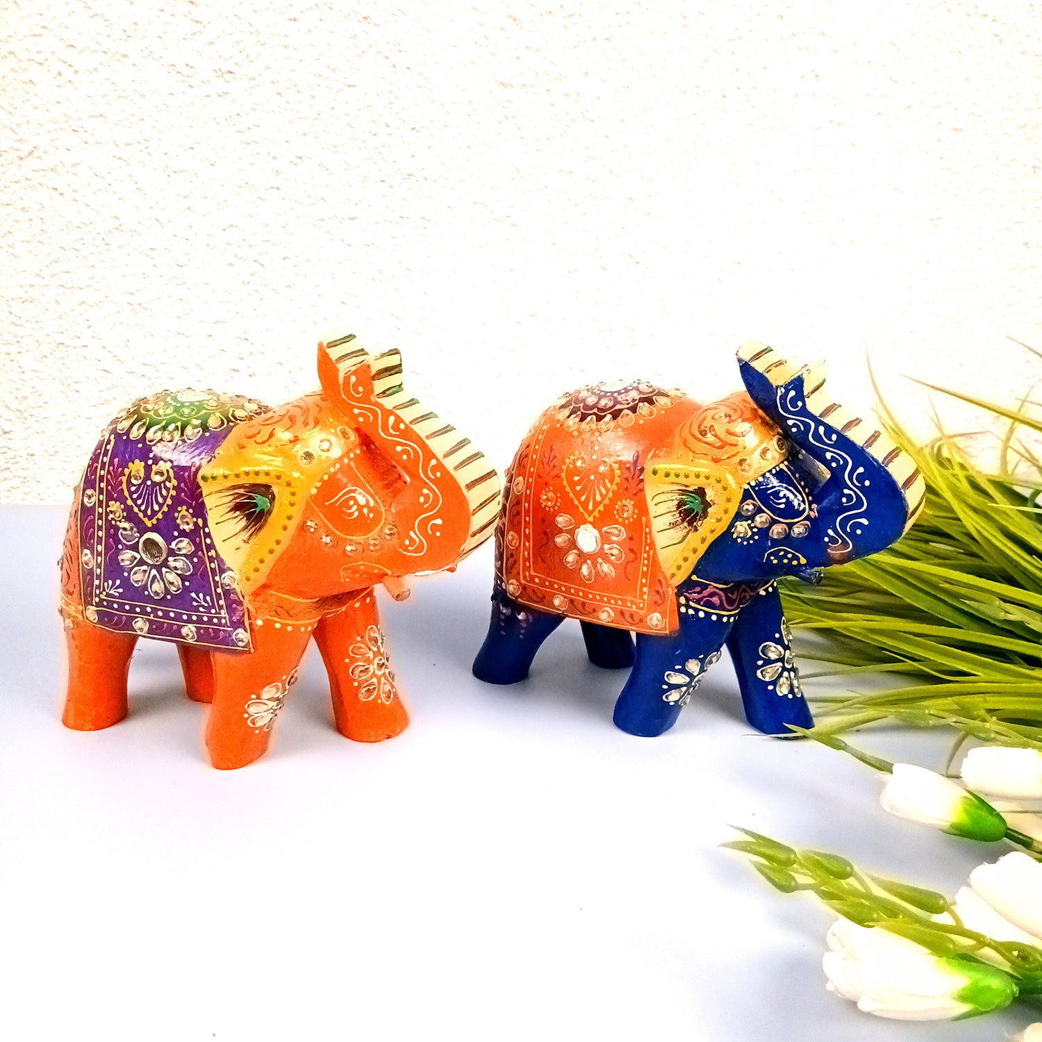 Elephant Statue Showpiece Set | Fengshui Trunk Up Vibrant Elephant Figurine With Kundan Work - For Vastu, Home Decor, Living Room, Office & Gift - 7 inch (Pack of 2) - Apkamart #Style_Design 1