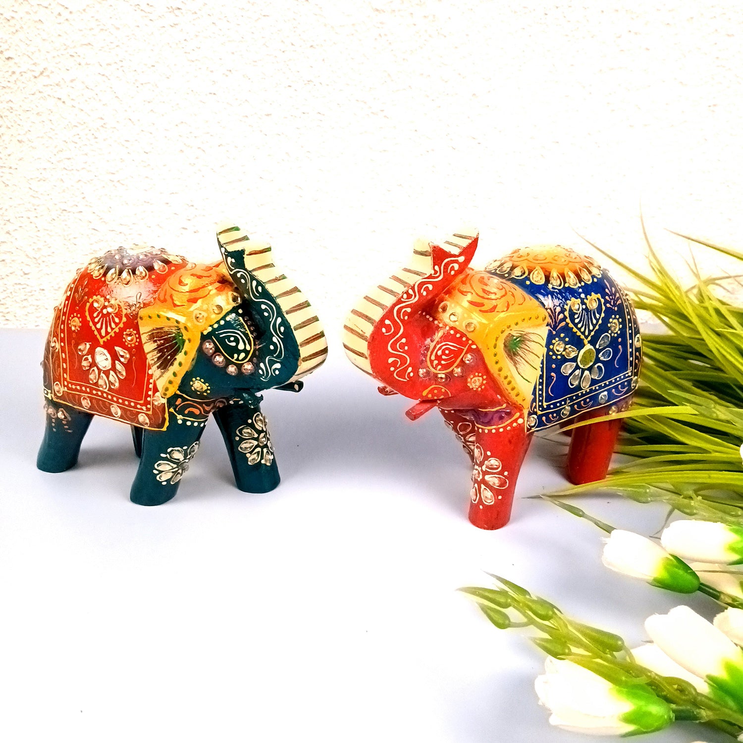 Elephant Statue Showpiece Set | Fengshui Trunk Up Vibrant Elephant Figurine With Kundan Work - For Vastu, Home Decor, Living Room, Office & Gift - 7 inch (Pack of 2) - Apkamart #Style_Design 2