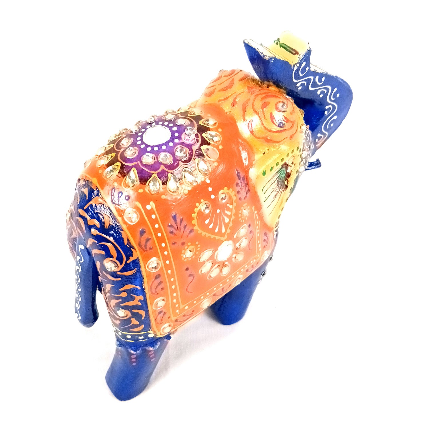 Elephant Statue Showpiece | Fengshui Trunk Up Vibrant Elephant Figurine With Kundan Work - For Vastu, Home Decor, Living Room, Office & Gift - 7 inch (Wood, Green) - Apkamart #Color_Blue