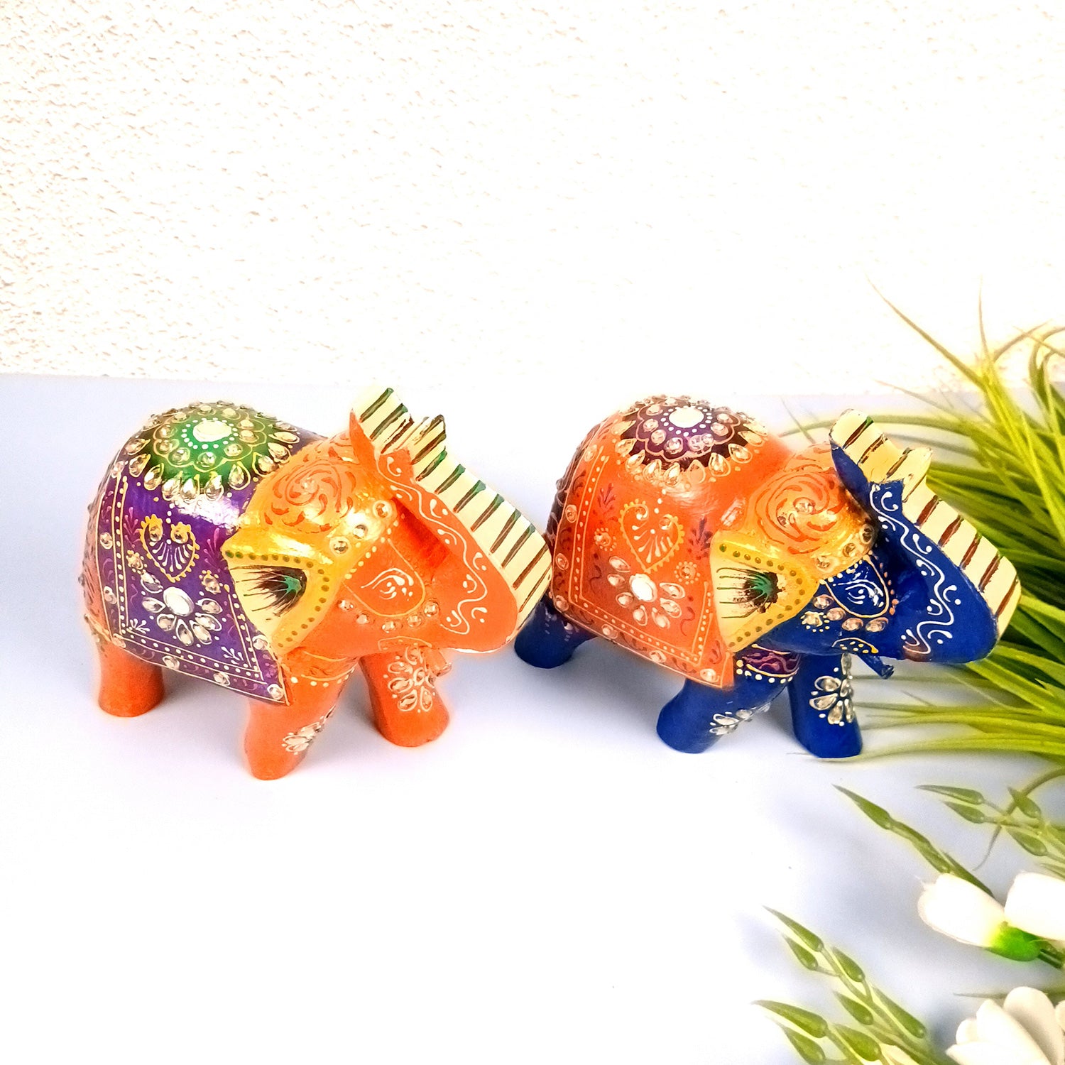 Elephant Statue Showpiece Set | Fengshui Trunk Up Vibrant Elephant Figurine With Kundan Work - For Vastu, Home Decor, Living Room, Office & Gift - 7 inch (Pack of 2) - Apkamart #Style_Design 1