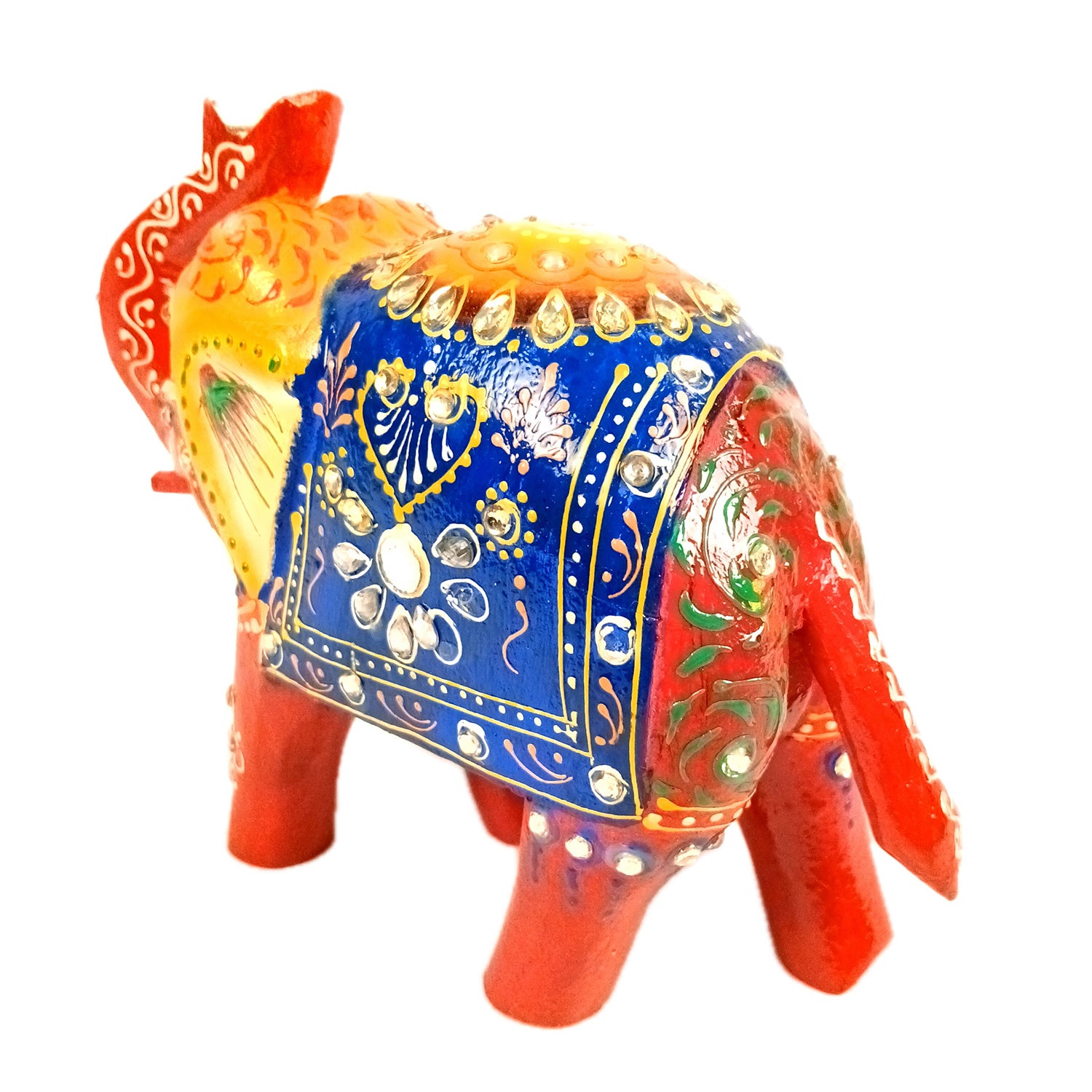 Elephant Statue Showpiece | Fengshui Trunk Up Vibrant Elephant Figurine With Kundan Work - For Vastu, Home Decor, Living Room, Office & Gift - 7 inch (Wood, Green) - Apkamart #Color_Red