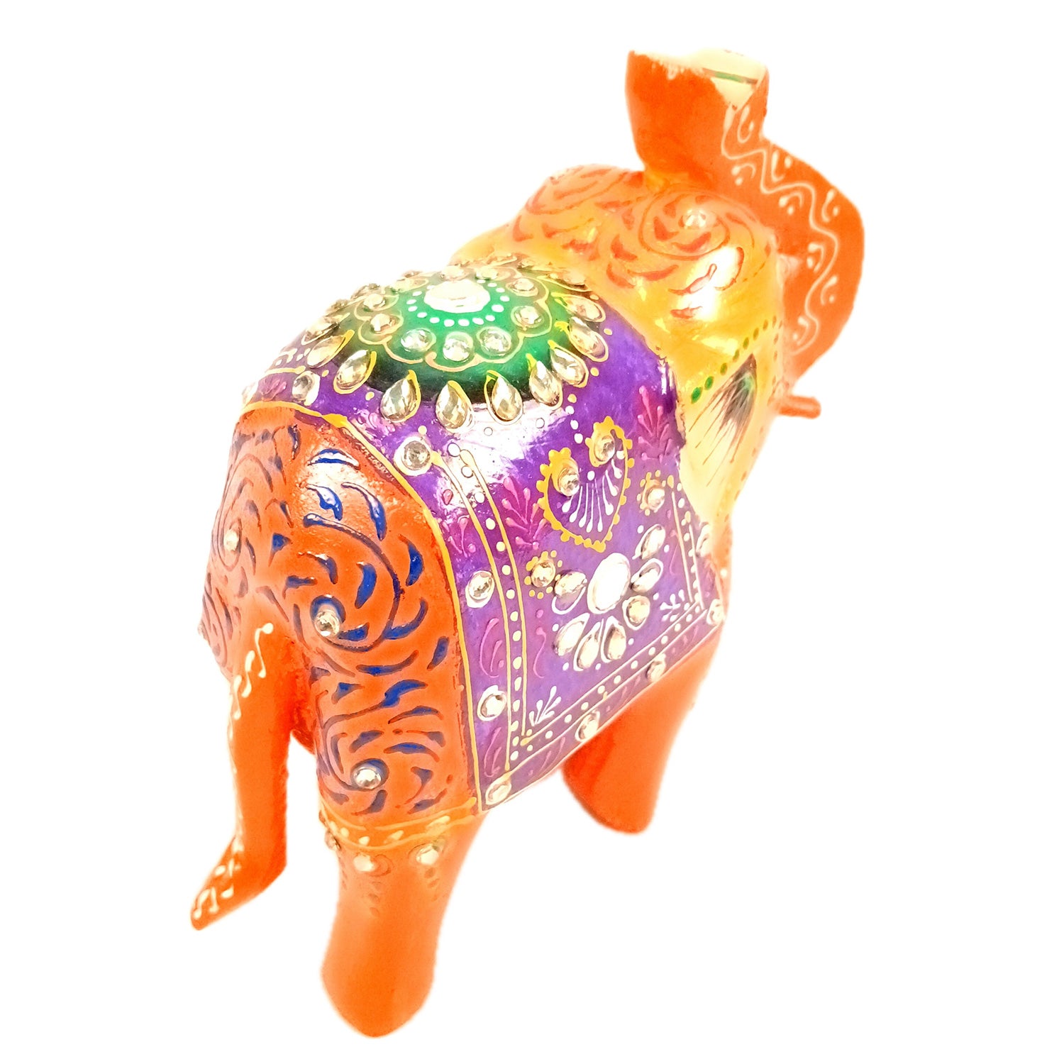 Elephant Statue Showpiece | Fengshui Trunk Up Vibrant Elephant Figurine With Kundan Work - For Vastu, Home Decor, Living Room, Office & Gift - 7 inch (Wood, Green) - Apkamart #Color_Orange