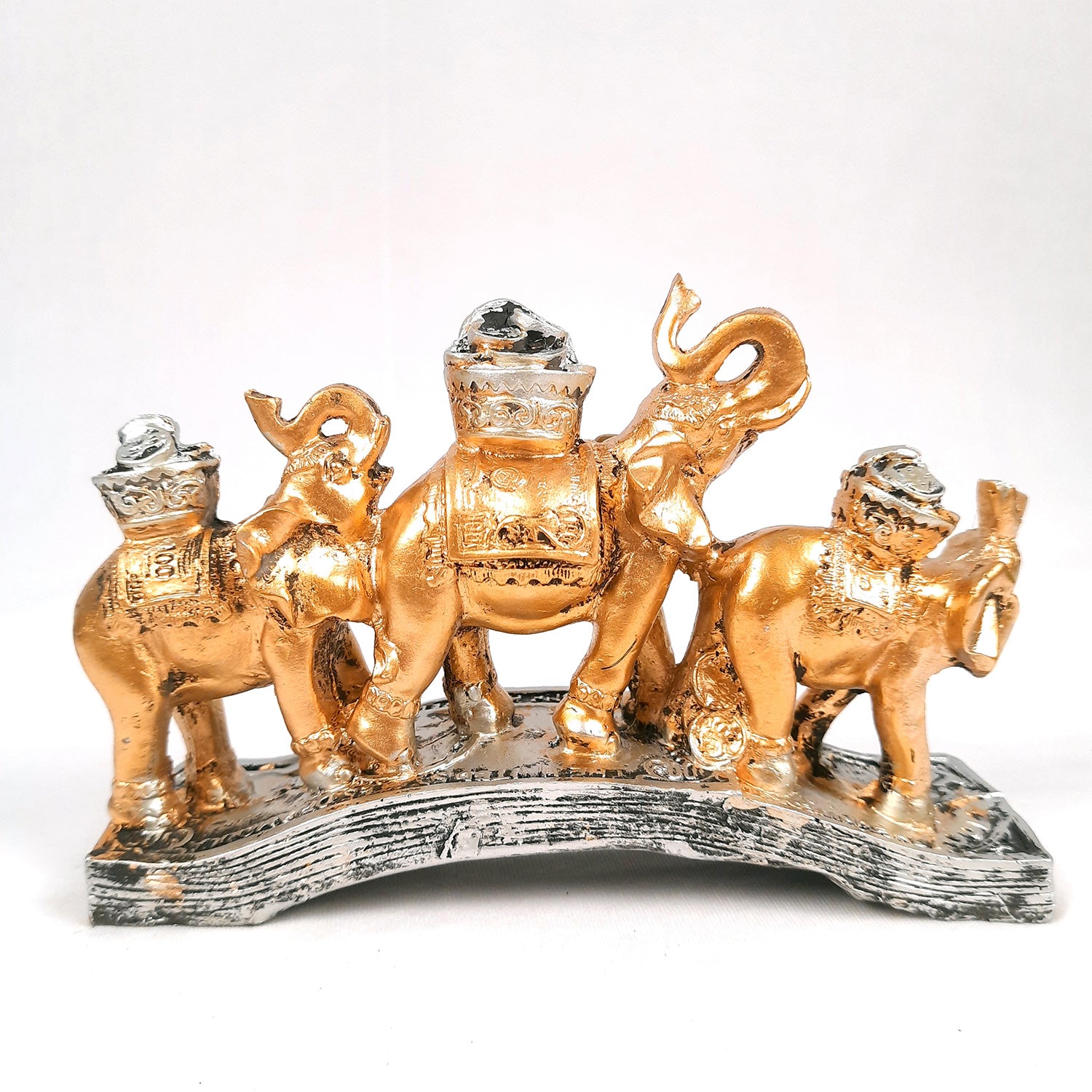 Elephant Statue Showpiece Trunk Up | Fengshui 3 Elephant Figurine With Gold Coins Pot - For Vastu, Good Fortune, Wealth, Strength | For Home Decor, Living Room, Office & Gift - 8 Inch - Apkamart