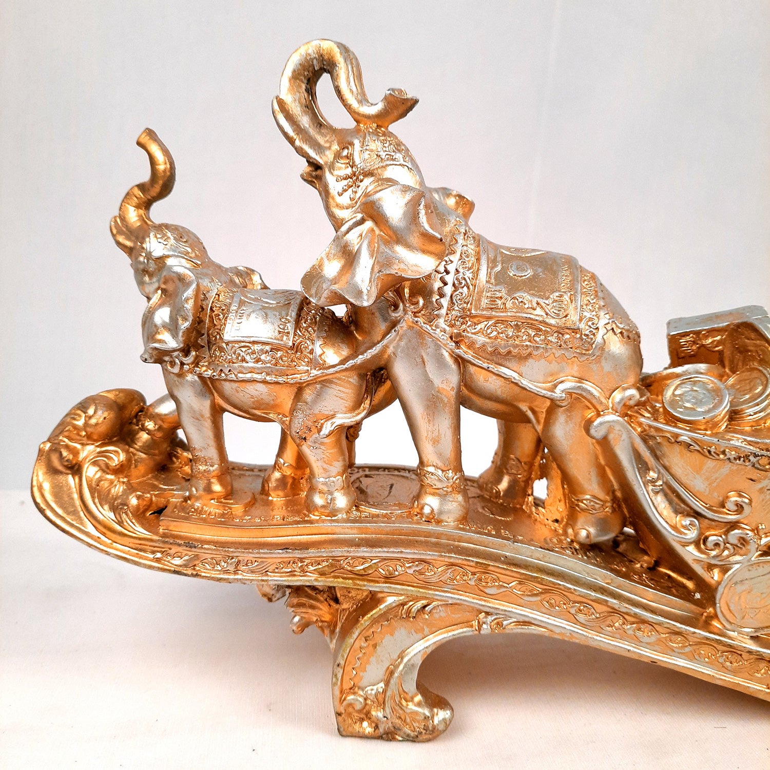 Elephant Statue Showpiece | Fengshui Trunk Up Elephant Figurine with Money & Gold Coins - for Vastu, Good Luck, Wealth, Home Decor, & Gift - 14 inch - apkamart