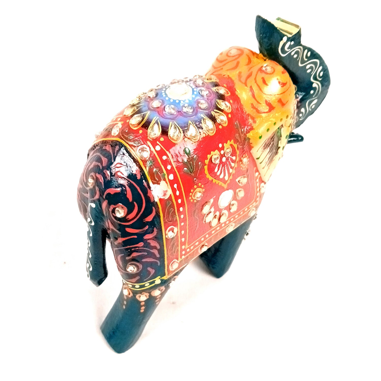 Elephant Statue Showpiece | Fengshui Trunk Up Vibrant Elephant Figurine With Kundan Work - For Vastu, Home Decor, Living Room, Office & Gift - 7 inch (Wood, Green) - Apkamart #Color_Green