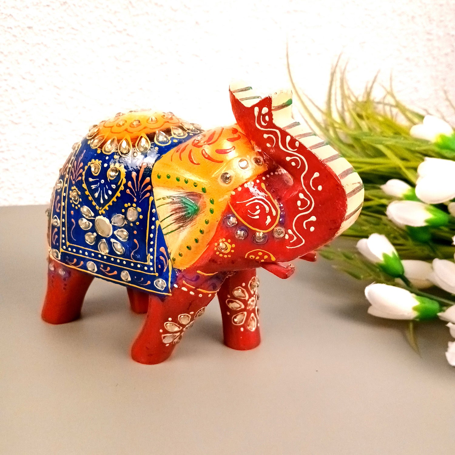 Elephant Statue Showpiece | Fengshui Trunk Up Vibrant Elephant Figurine With Kundan Work - For Vastu, Home Decor, Living Room, Office & Gift - 7 inch (Wood, Green) - Apkamart #Color_Red