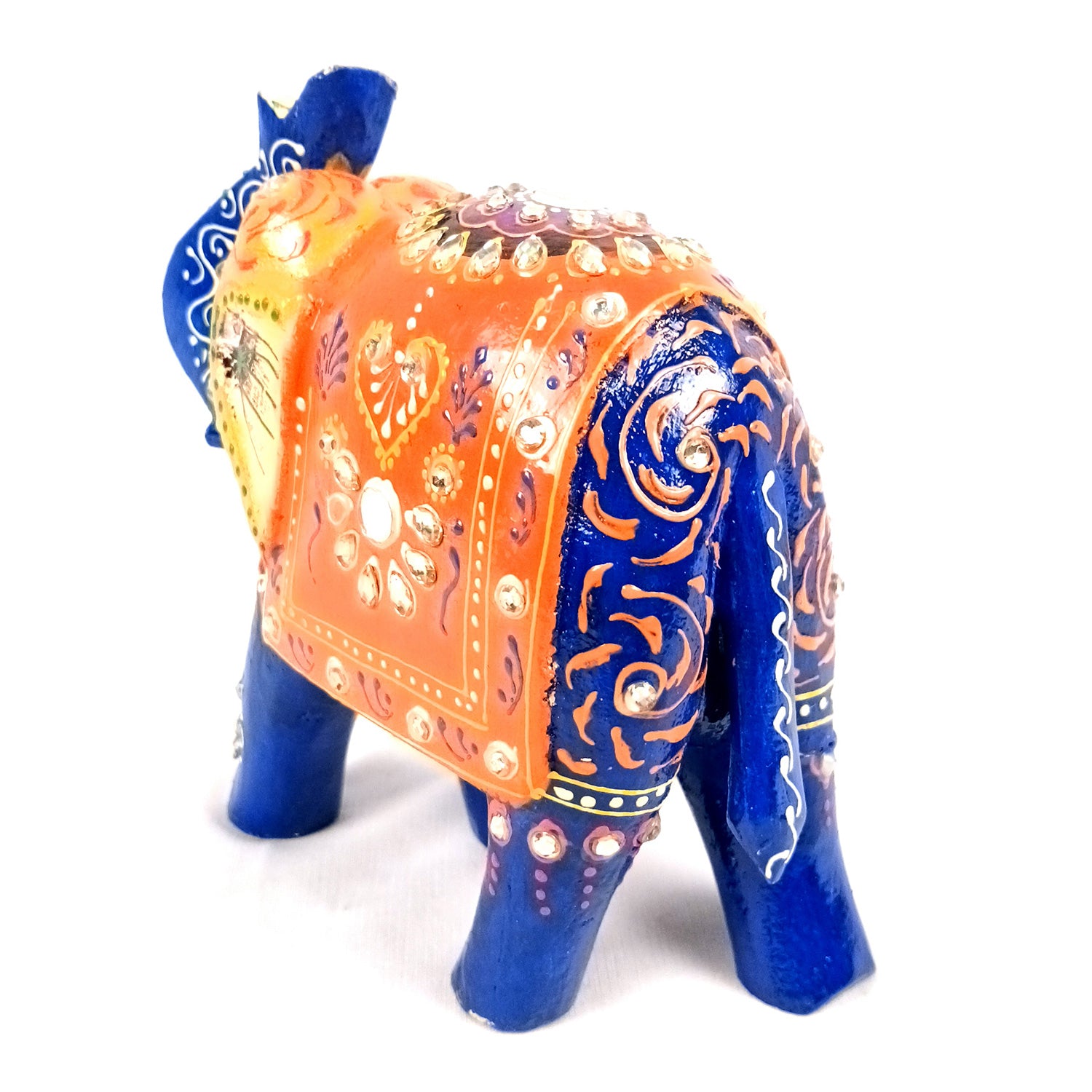 Elephant Statue Showpiece | Fengshui Trunk Up Vibrant Elephant Figurine With Kundan Work - For Vastu, Home Decor, Living Room, Office & Gift - 7 inch (Wood, Green) - Apkamart #Color_Blue