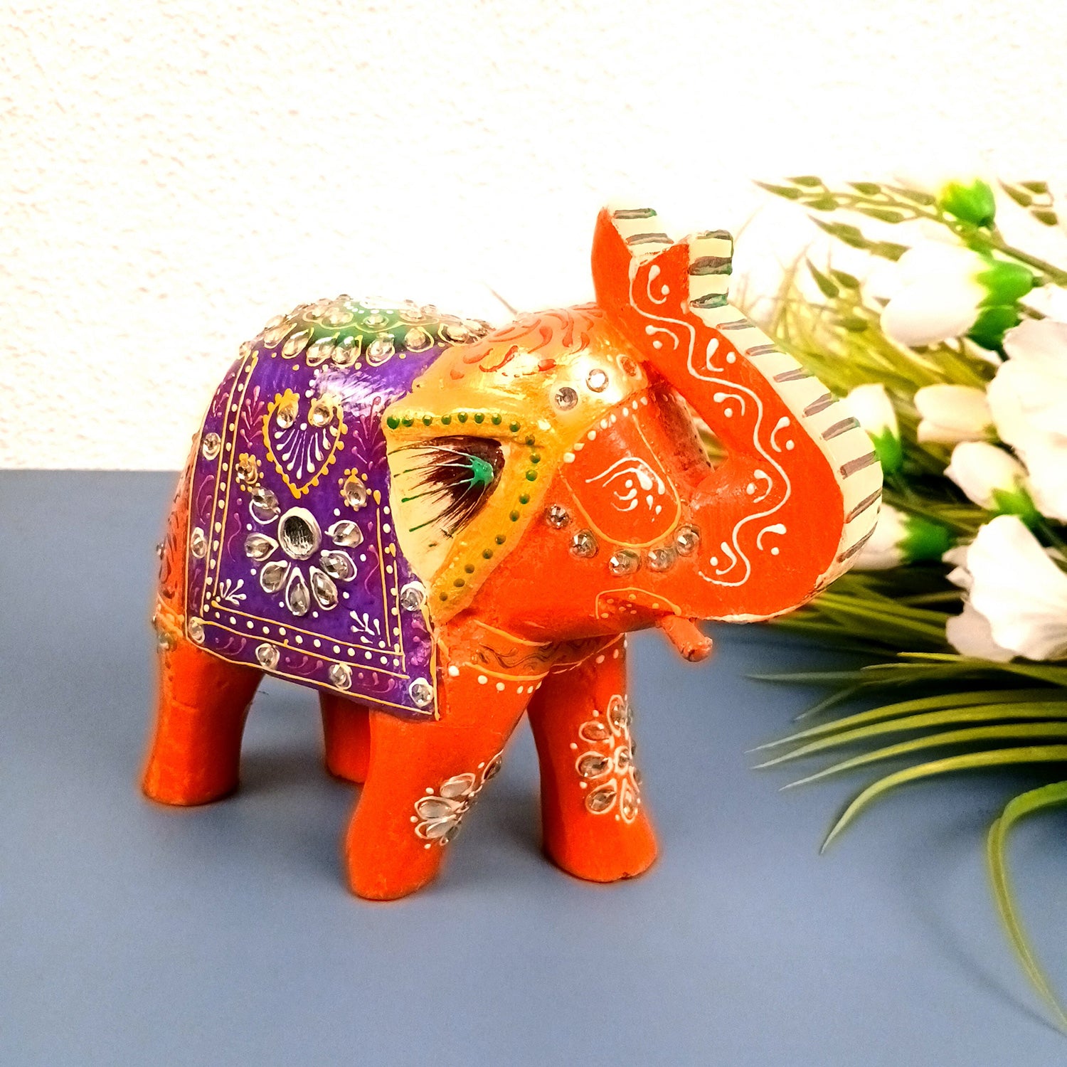 Elephant Statue Showpiece | Fengshui Trunk Up Vibrant Elephant Figurine With Kundan Work - For Vastu, Home Decor, Living Room, Office & Gift - 7 inch (Wood, Green) - Apkamart #Color_Orange