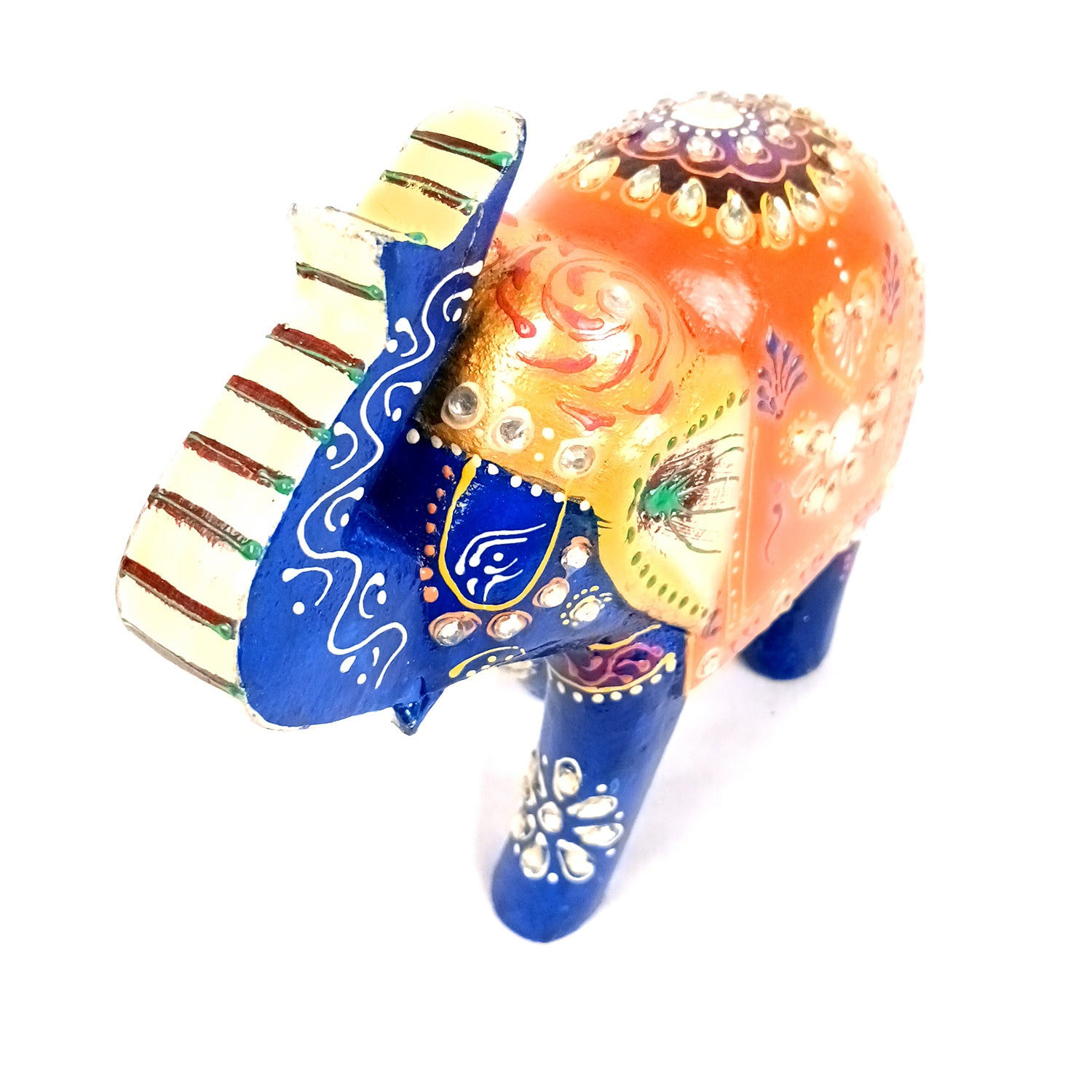 Elephant Statue Showpiece | Fengshui Trunk Up Vibrant Elephant Figurine With Kundan Work - For Vastu, Home Decor, Living Room, Office & Gift - 7 inch (Wood, Green) - Apkamart #Color_Blue