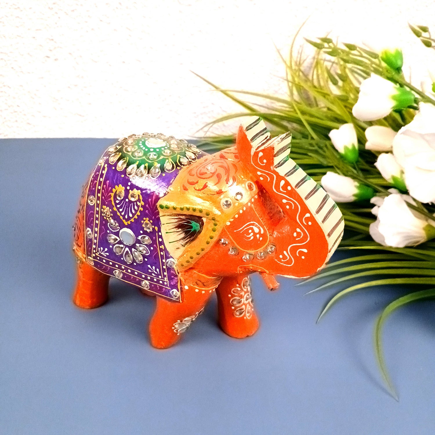 Elephant Statue Showpiece | Fengshui Trunk Up Vibrant Elephant Figurine With Kundan Work - For Vastu, Home Decor, Living Room, Office & Gift - 7 inch (Wood, Green) - Apkamart #Color_Orange